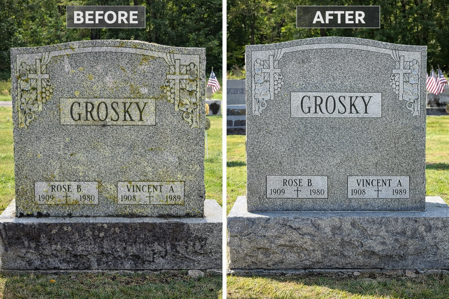 Before and after gravestone cleaning in Saratoga County, NY showing restored surface clarity and improved readability using a preservation-first process.