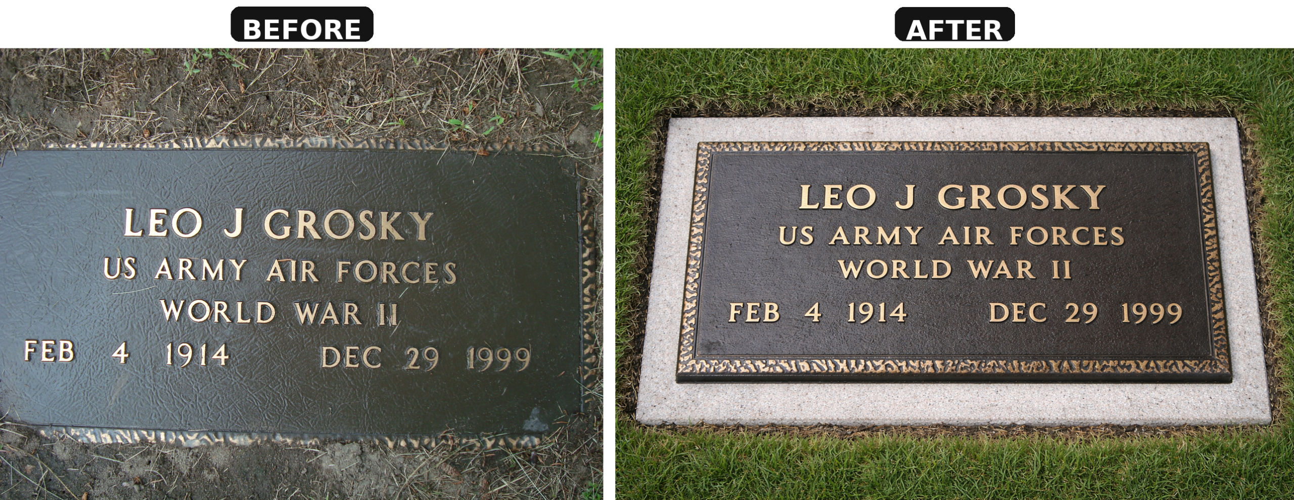 Before and after bronze grave marker cleaning and wax finish in Saratoga County, NY