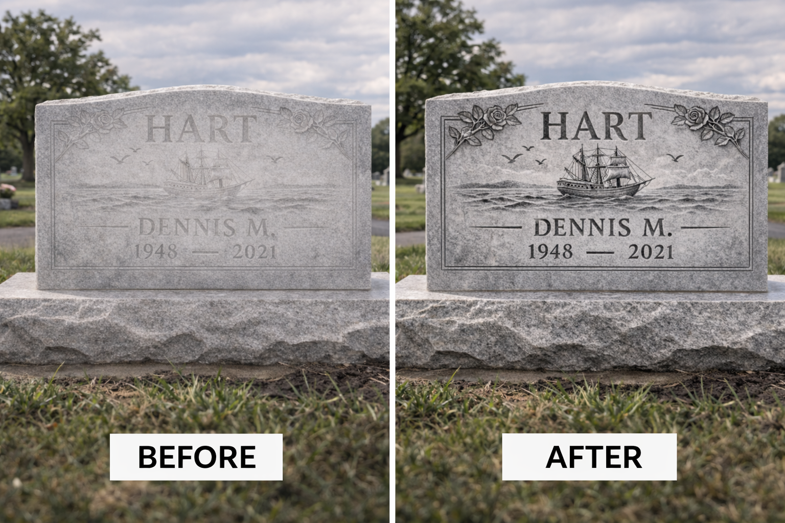 Before and after headstone letter repainting showing faded engraving restored to crisp, dark, readable lettering on a granite memorial in Saratoga County, NY.