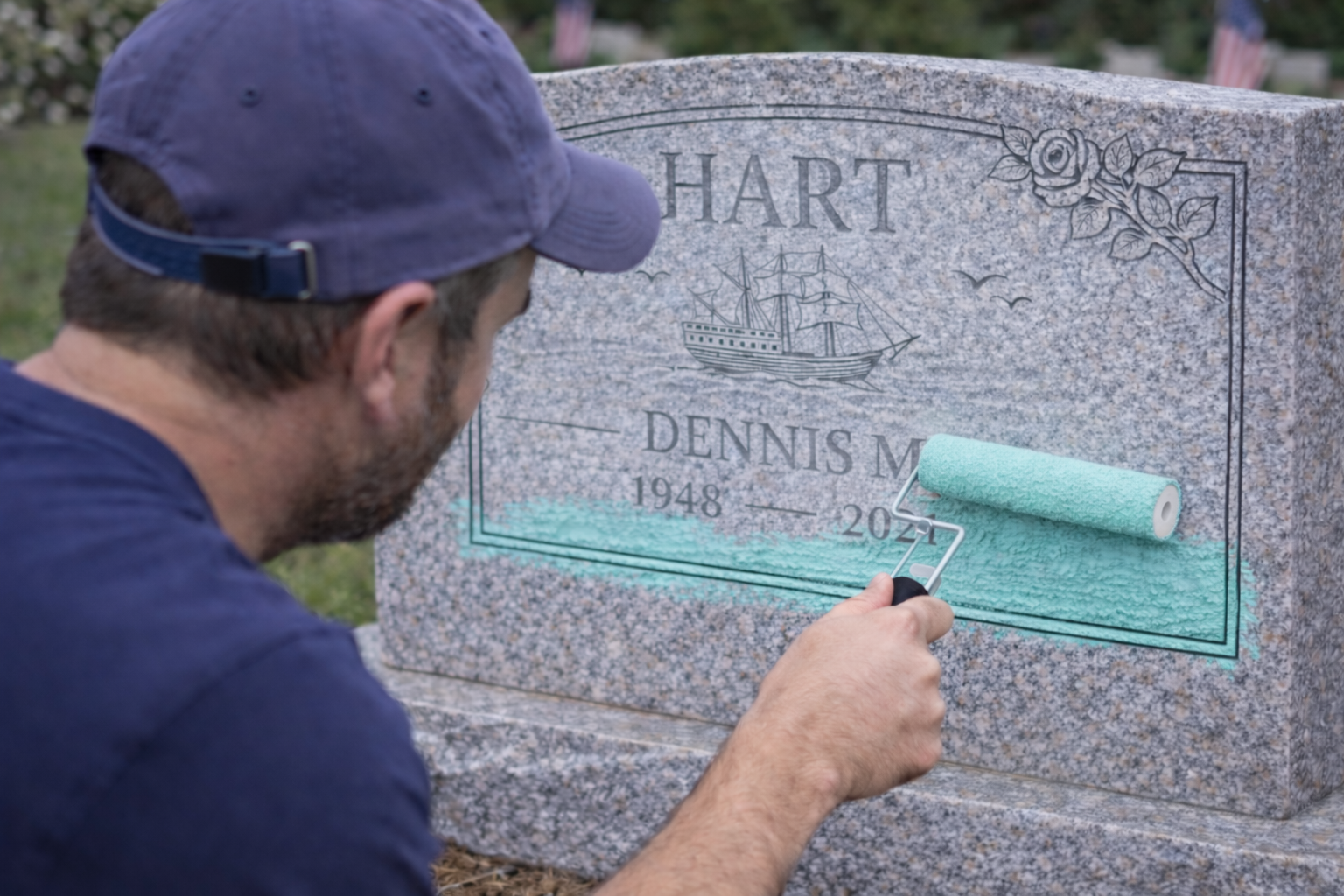 Applying fresh paint to engraved headstone lettering using precision masking for clean, accurate restoration results.