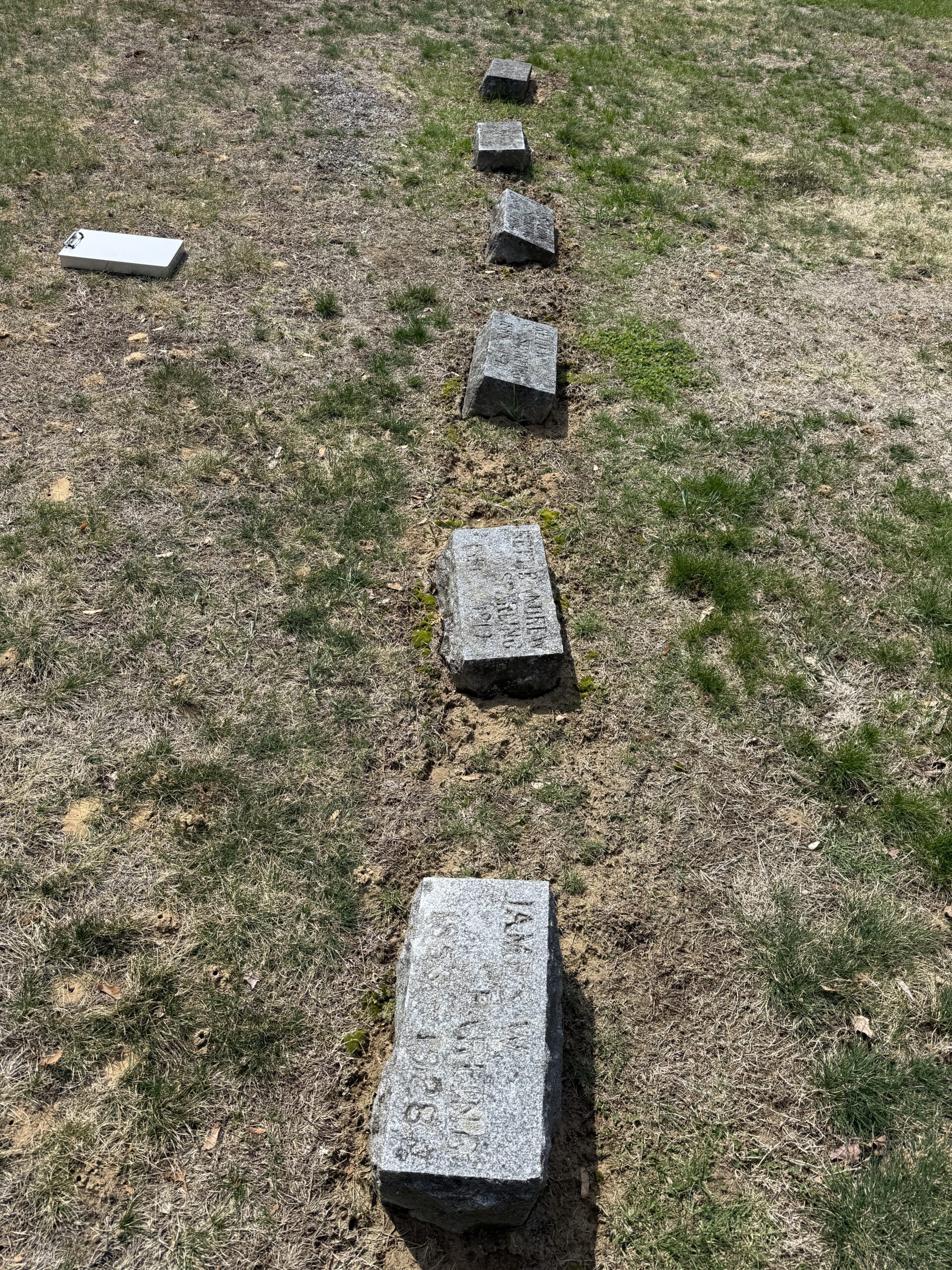 Sparling family plot before restoration showing uneven memorials and biological growth