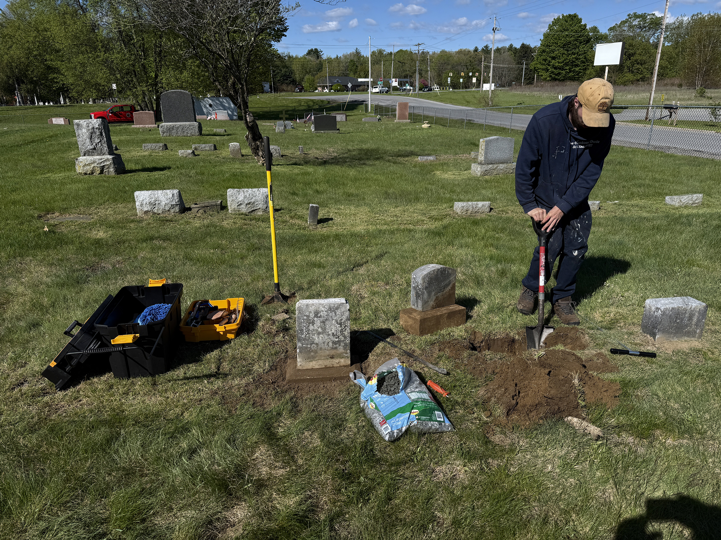 Excavation and preparation work for gravestone leveling and reset at Gurn Spring Cemetery in Wilton NY