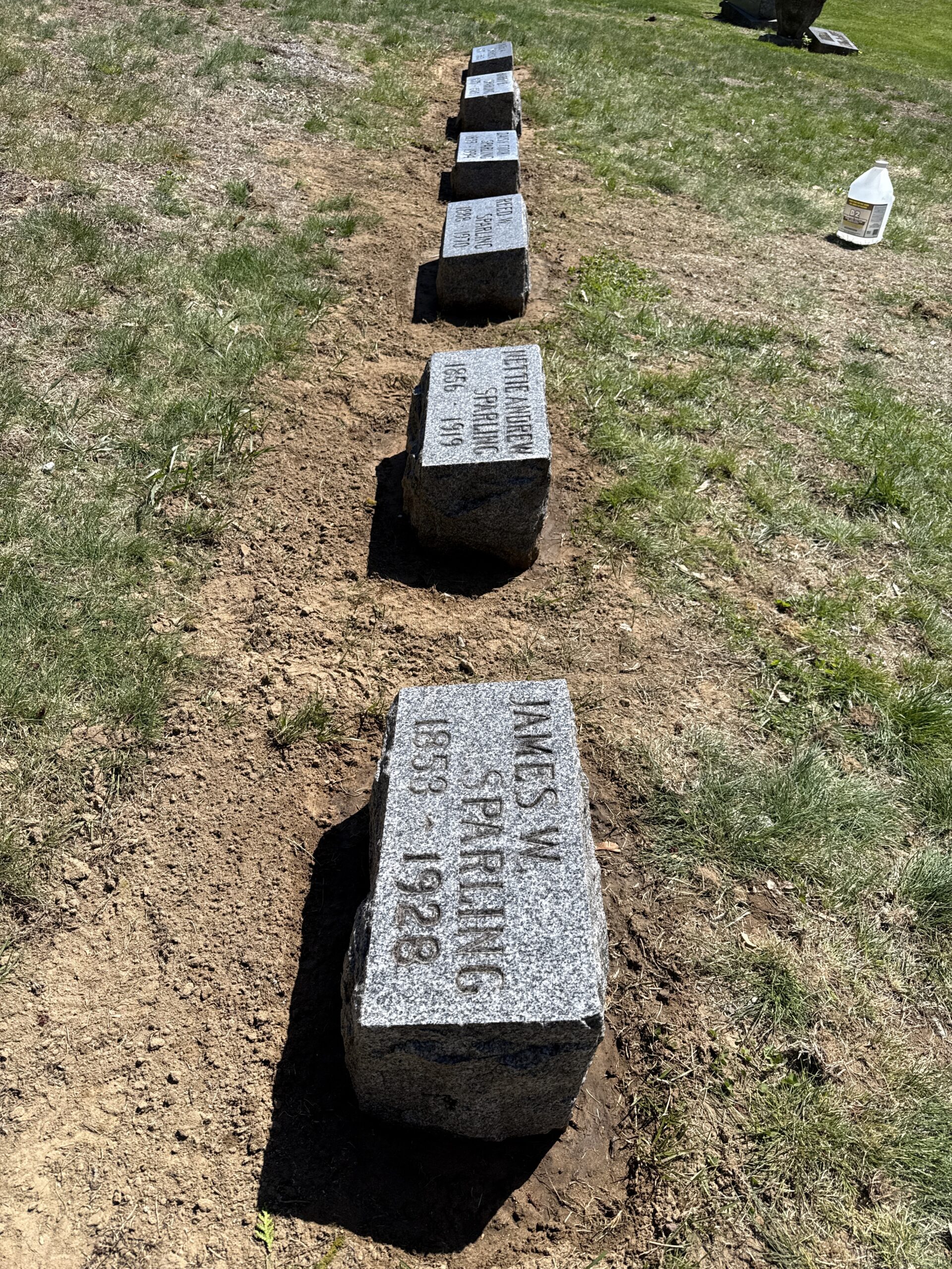 Completed Sparling family plot gravestone leveling reset and cleaning project at Prospect Hill Cemetery in Schuylerville NY