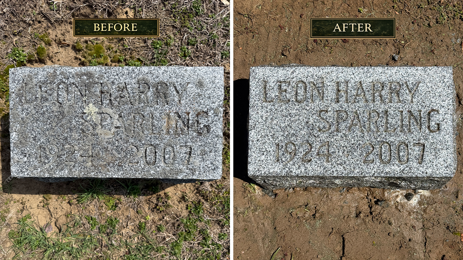 Before and after gravestone cleaning by Gravestone Revival showing documented cemetery care results