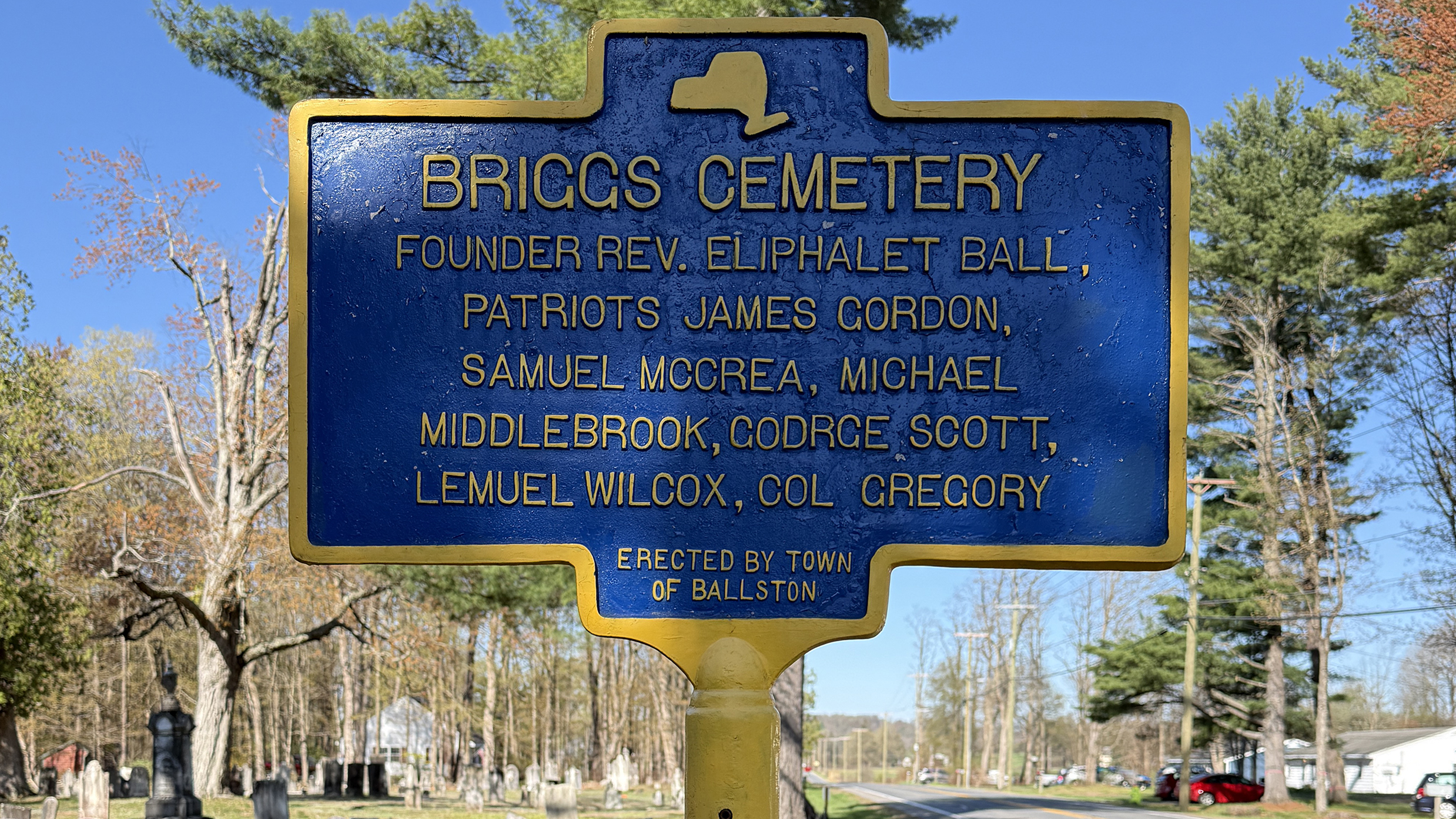 Historic Cemetery Sign at entrance of Briggs Cemetery in Ballston Spa, New York.