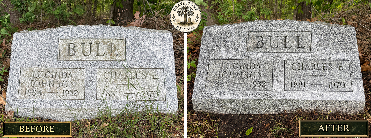 Before and after gravestone cleaning of Bull family memorial at Evergreen Cemetery in Lake George NY
