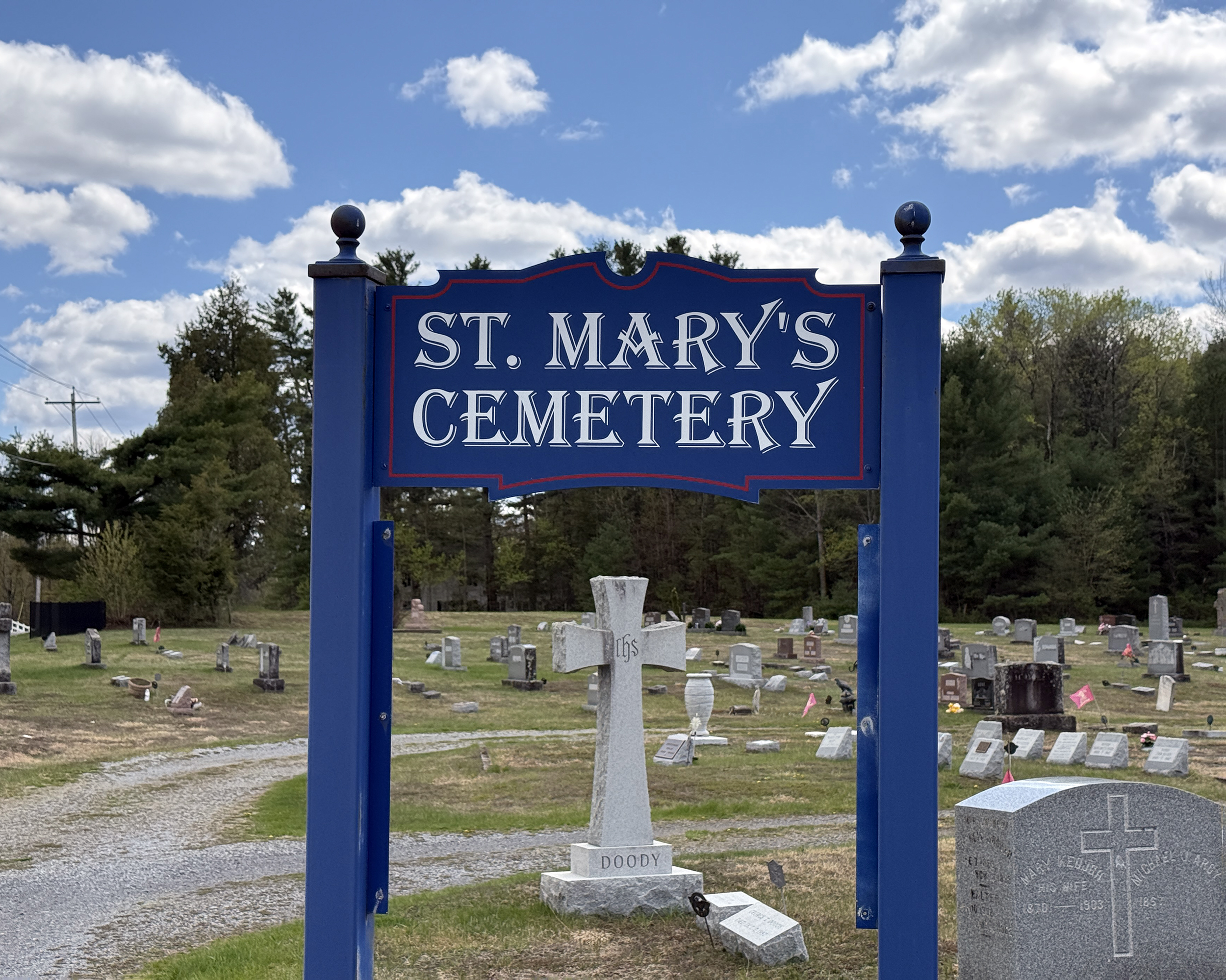 Cemetery Entrance Sign at Corinth Catholic Cemetery in Corinth, New York.
