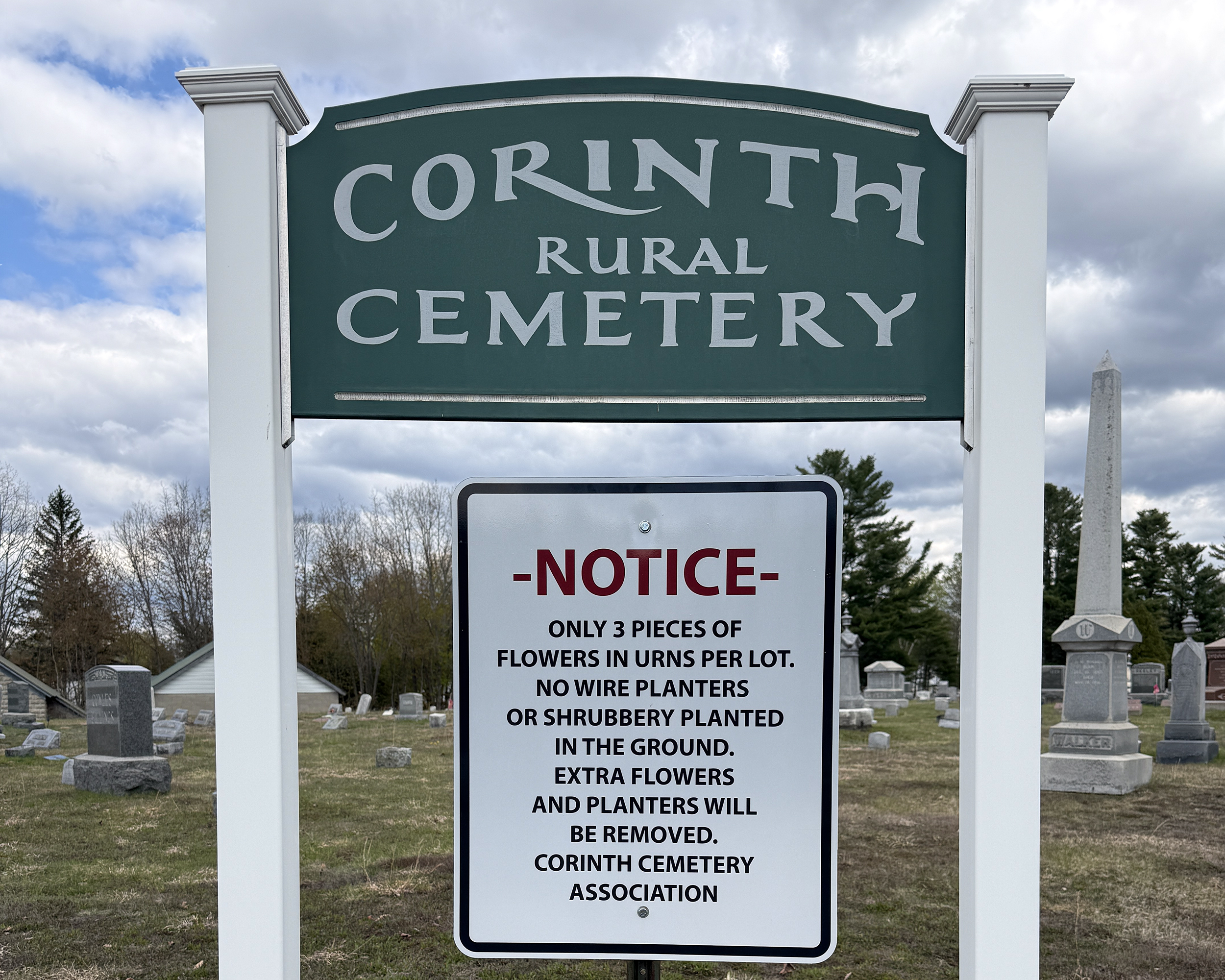Cemetery Entrance Sign at Corinth Rural Cemetery in Corinth, New York.