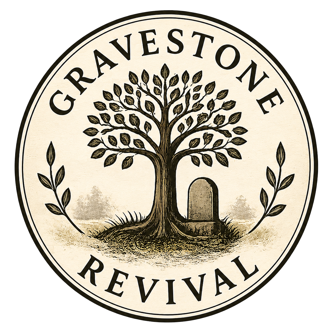 Gravestone Revival cemetery preservation logo featuring a memorial tree, gravestone, and circular emblem with transparent background.