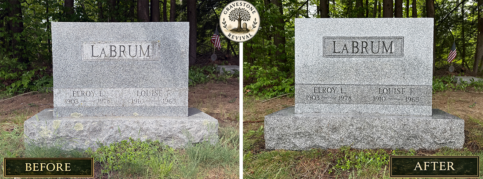 Before and after gravestone cleaning of Labrum family memorial at Evergreen Cemetery in Lake George NY
