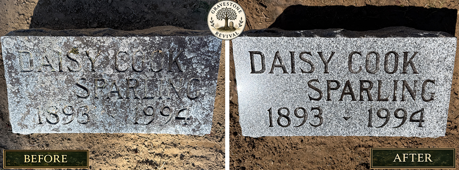 Before and after gravestone cleaning of Daisy Cook Sparling memorial at Prospect Hill Cemetery in Schuylerville NY
