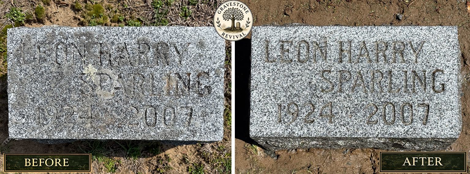 Before and after gravestone cleaning of Leon Harry Sparling gravestone at Prospect Hill Cemetery in Schuylerville NY