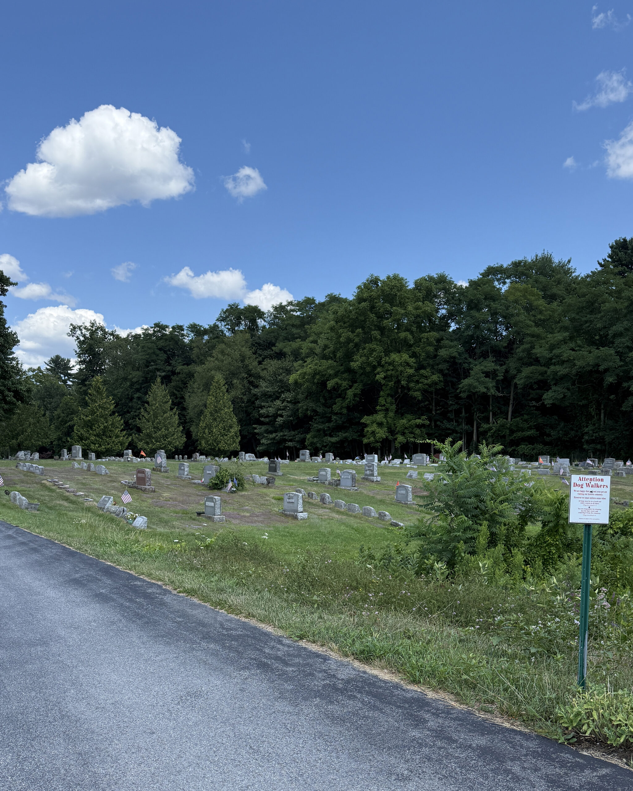 Roadway view through Ballston Spa Village Cemetery with graves and posted cemetery rules sign
