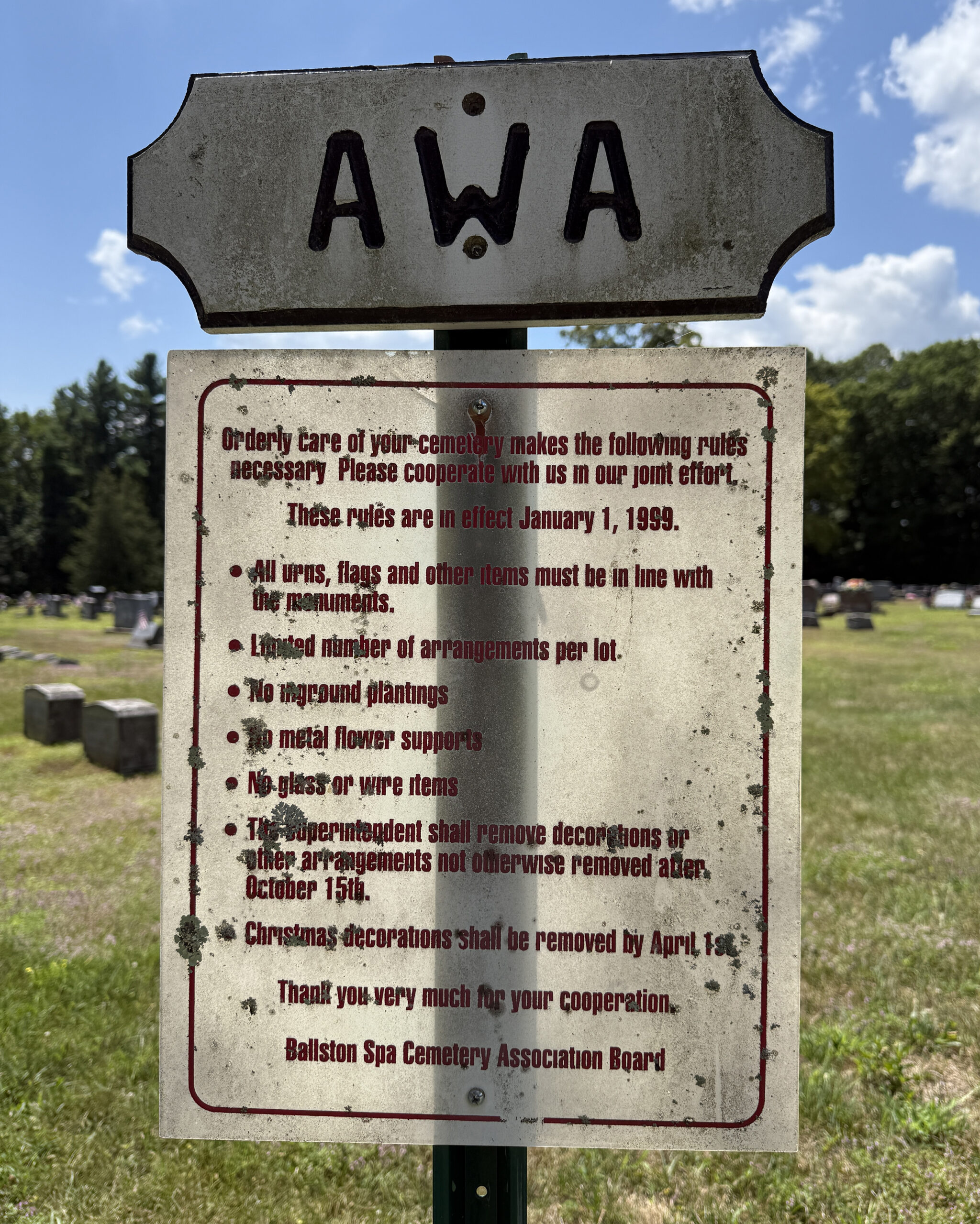 Original rules sign at Ballston Spa Village Cemetery in Ballston Spa, New York