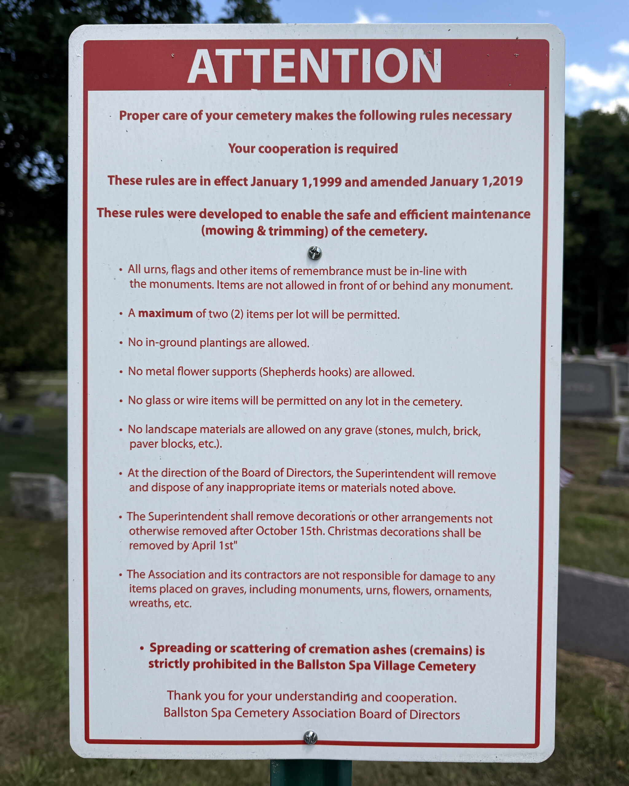 Updated rules sign at Ballston Spa Village Cemetery showing decoration and maintenance policies
