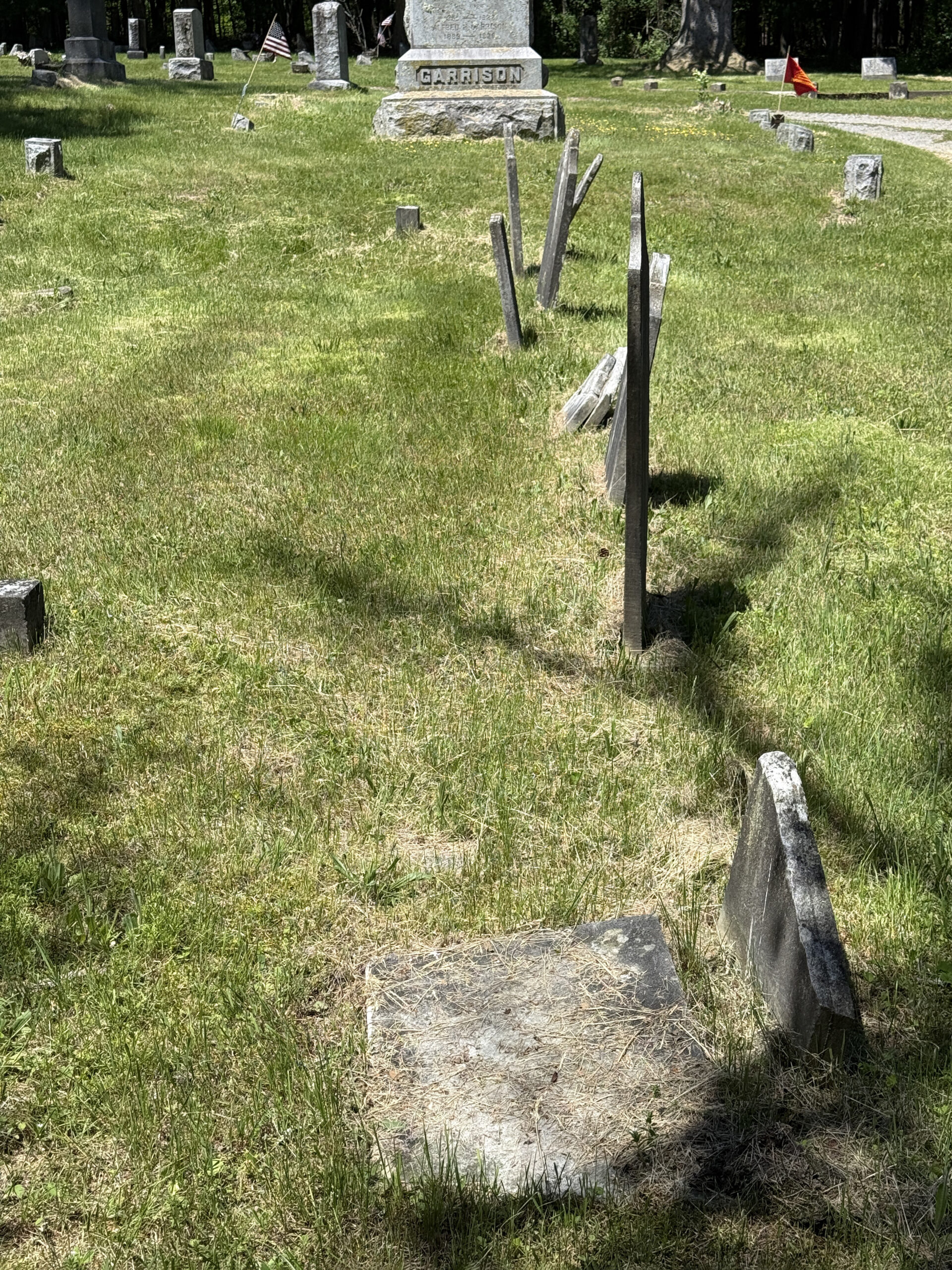 Cemetery section with multiple leaning headstones documented during condition reporting