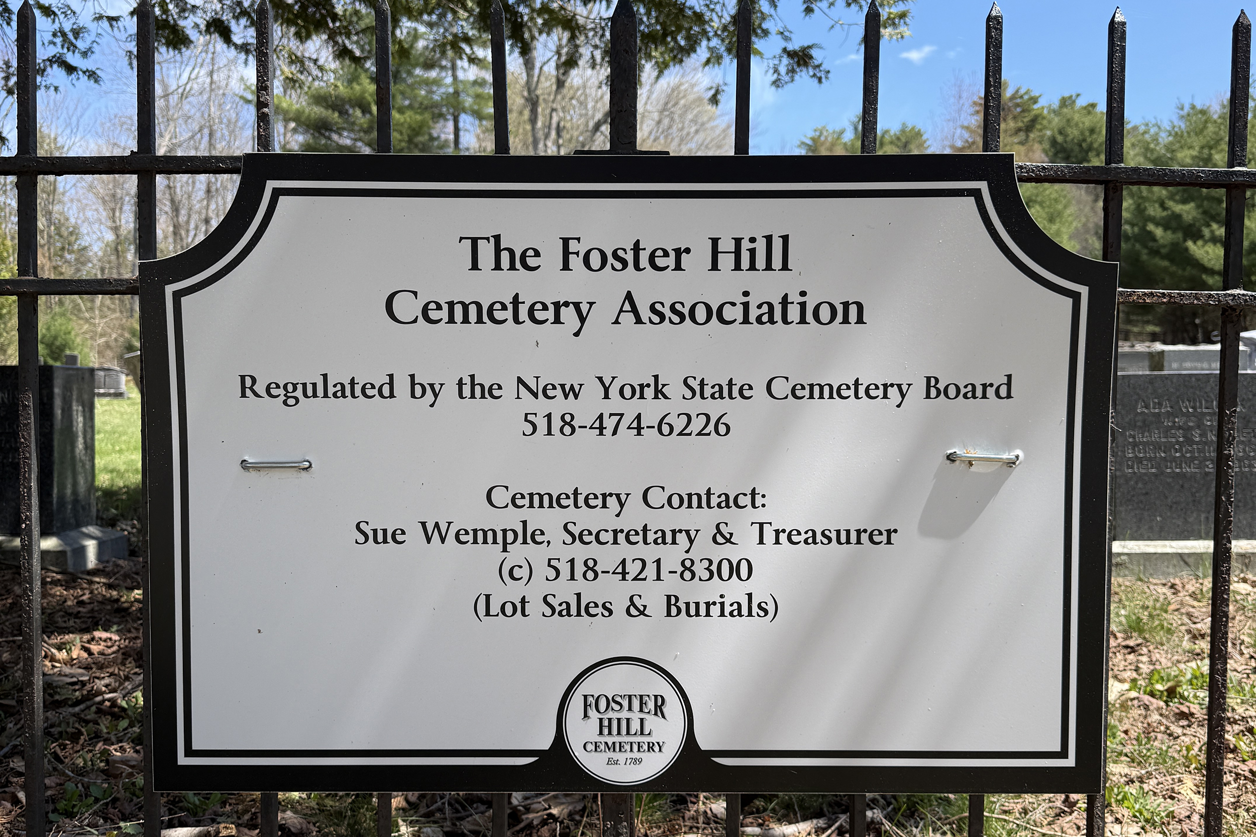 Foster Hill Cemetery Association contact sign in Galway, New York.
