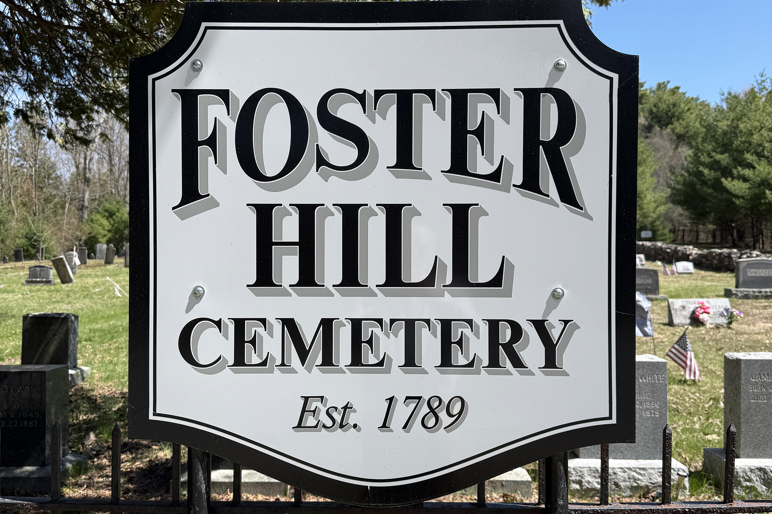 Entrance sign for Foster Hill Cemetery in Galway, New York.