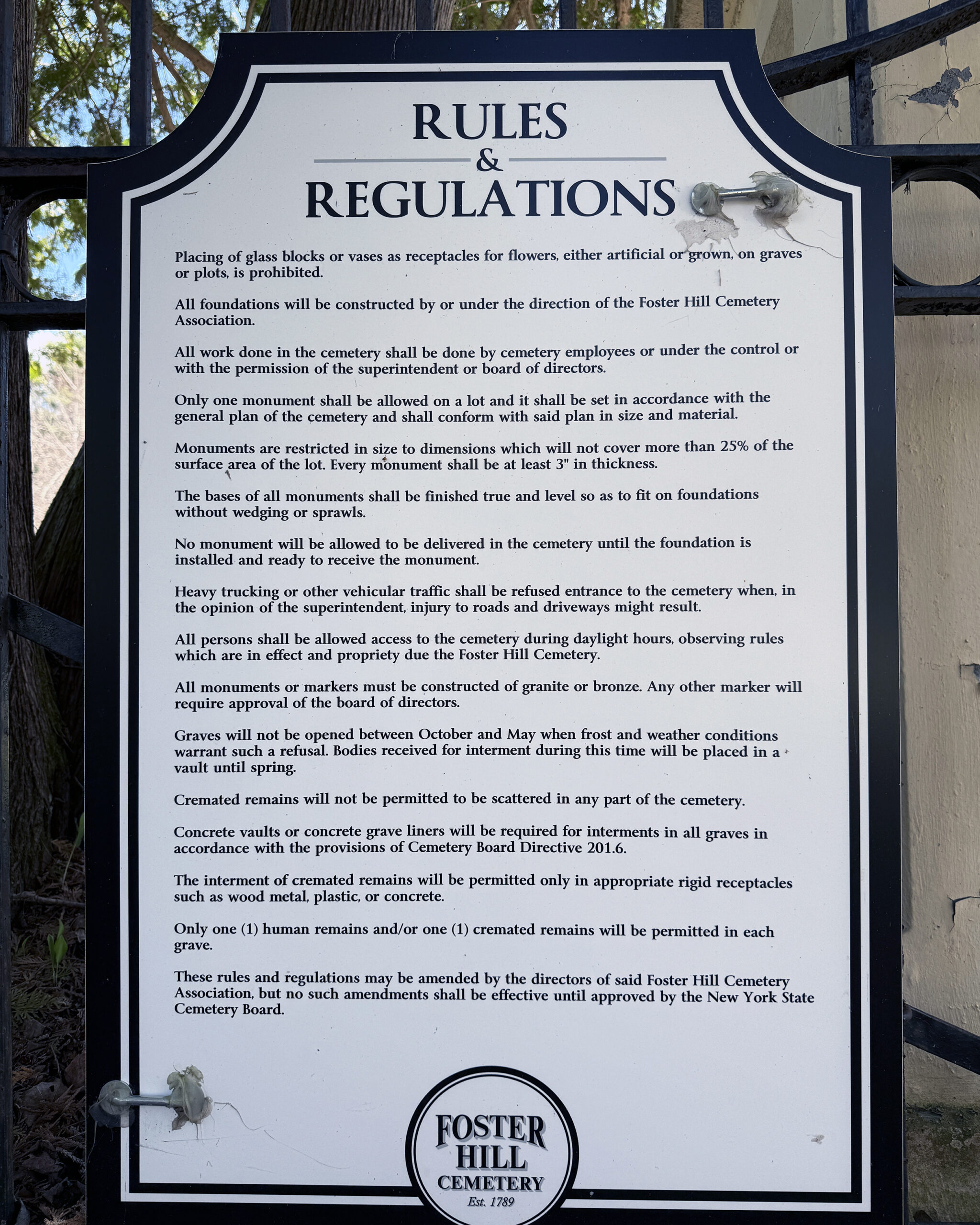 Rules and regulations sign at Foster Hill Cemetery in Galway, New York.