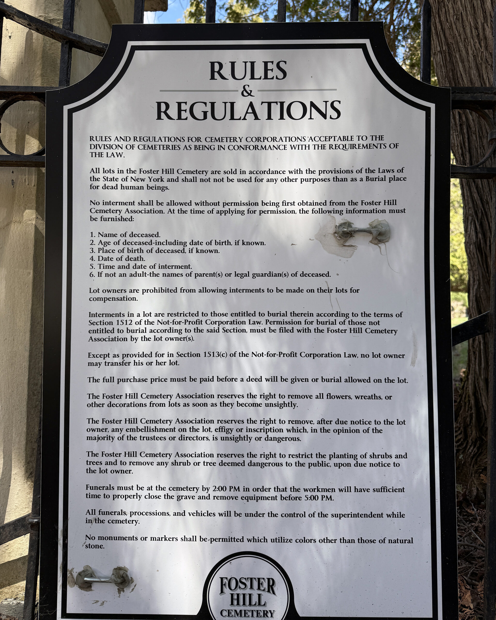 Additional posted rules and regulations at Foster Hill Cemetery in Galway, New York.