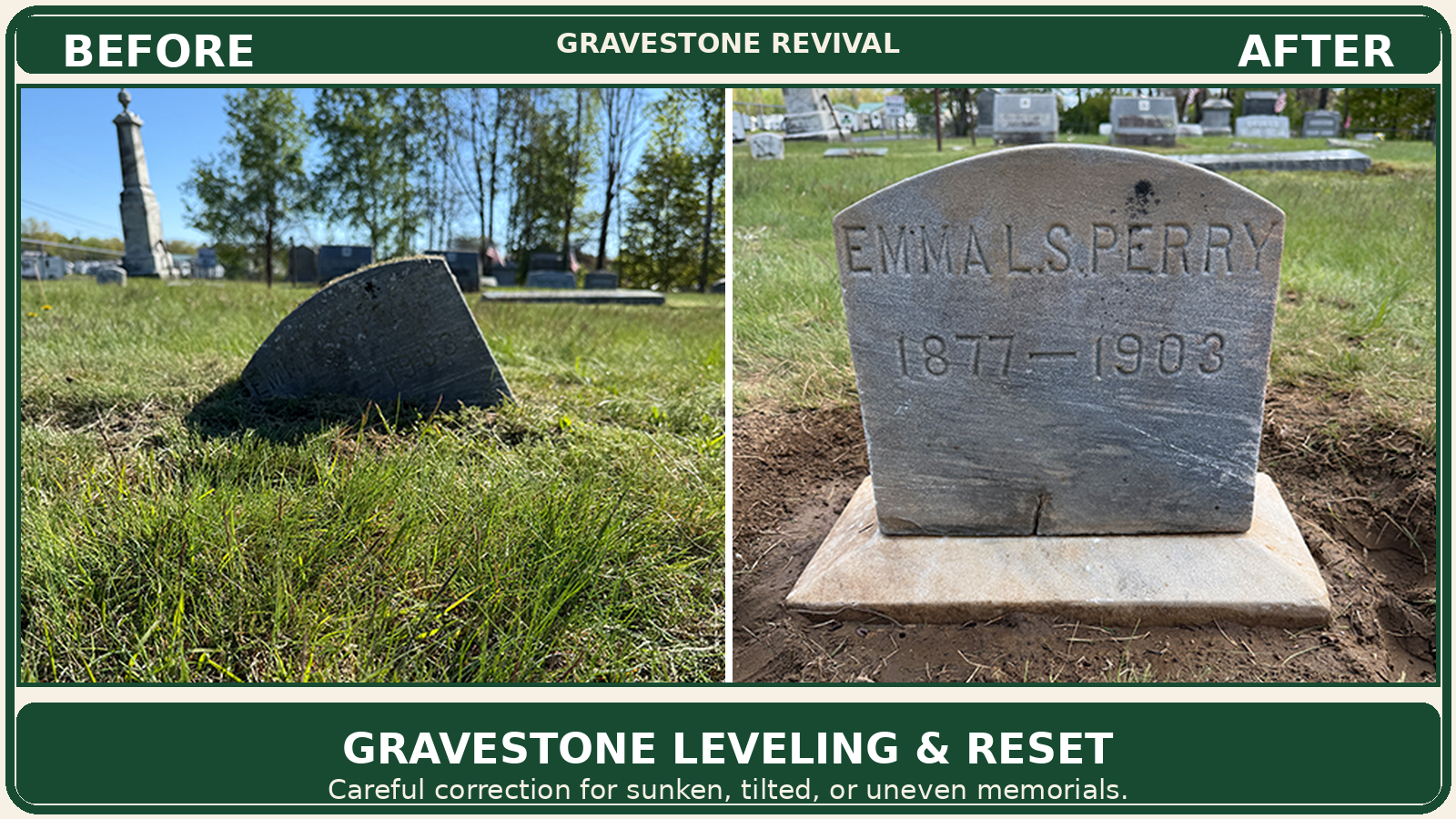 Headstone repair and gravestone stabilization service for cracked broken leaning and unstable cemetery memorials