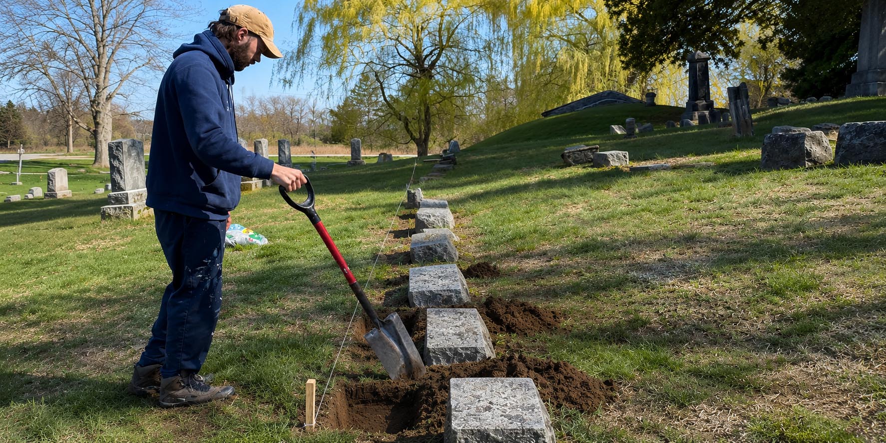 Gravestone leveling and reset work in progress with alignment string at cemetery family plot