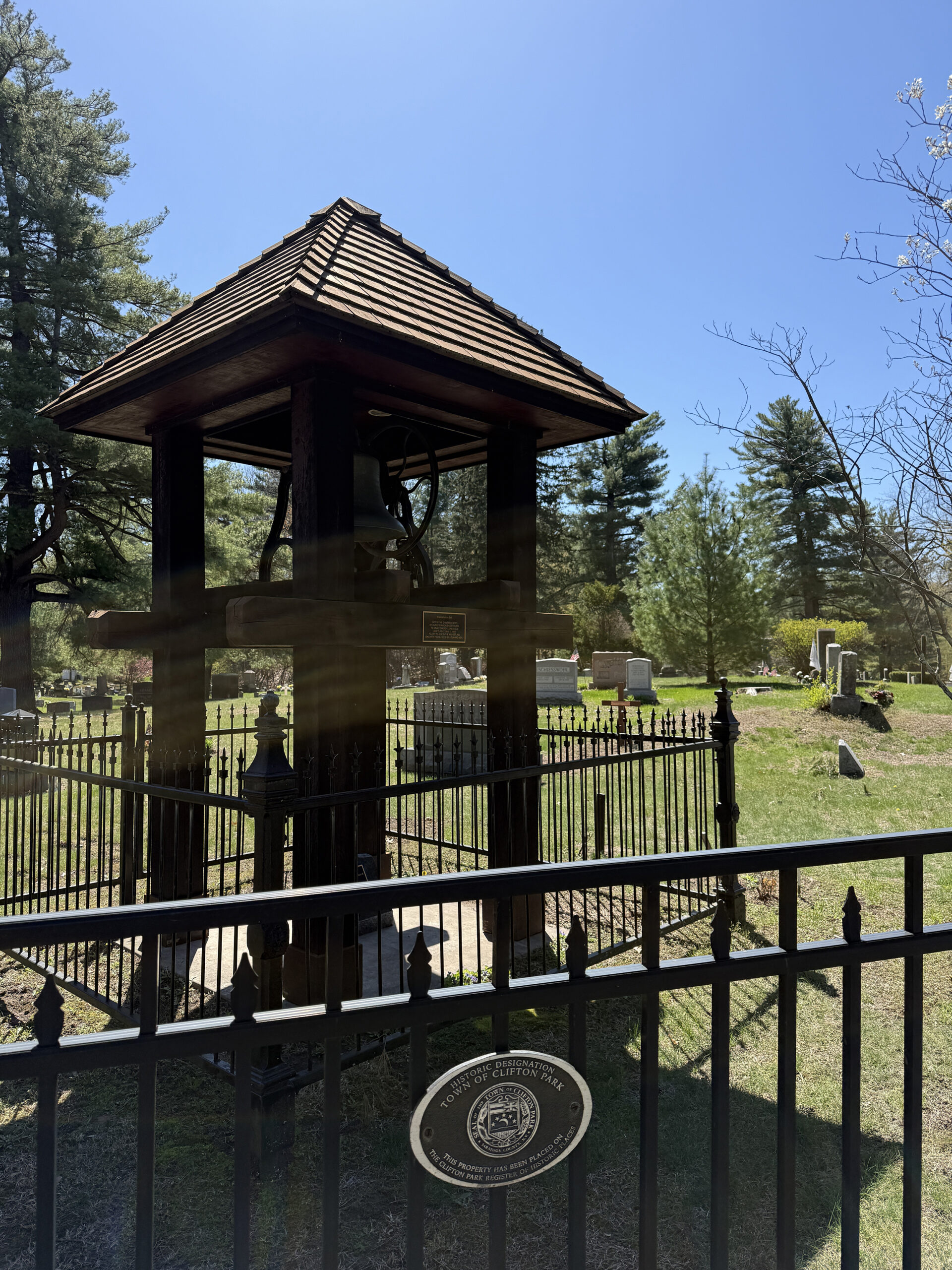 Bell tower and historic cemetery landscape at Jonesville Cemetery in Clifton Park New York