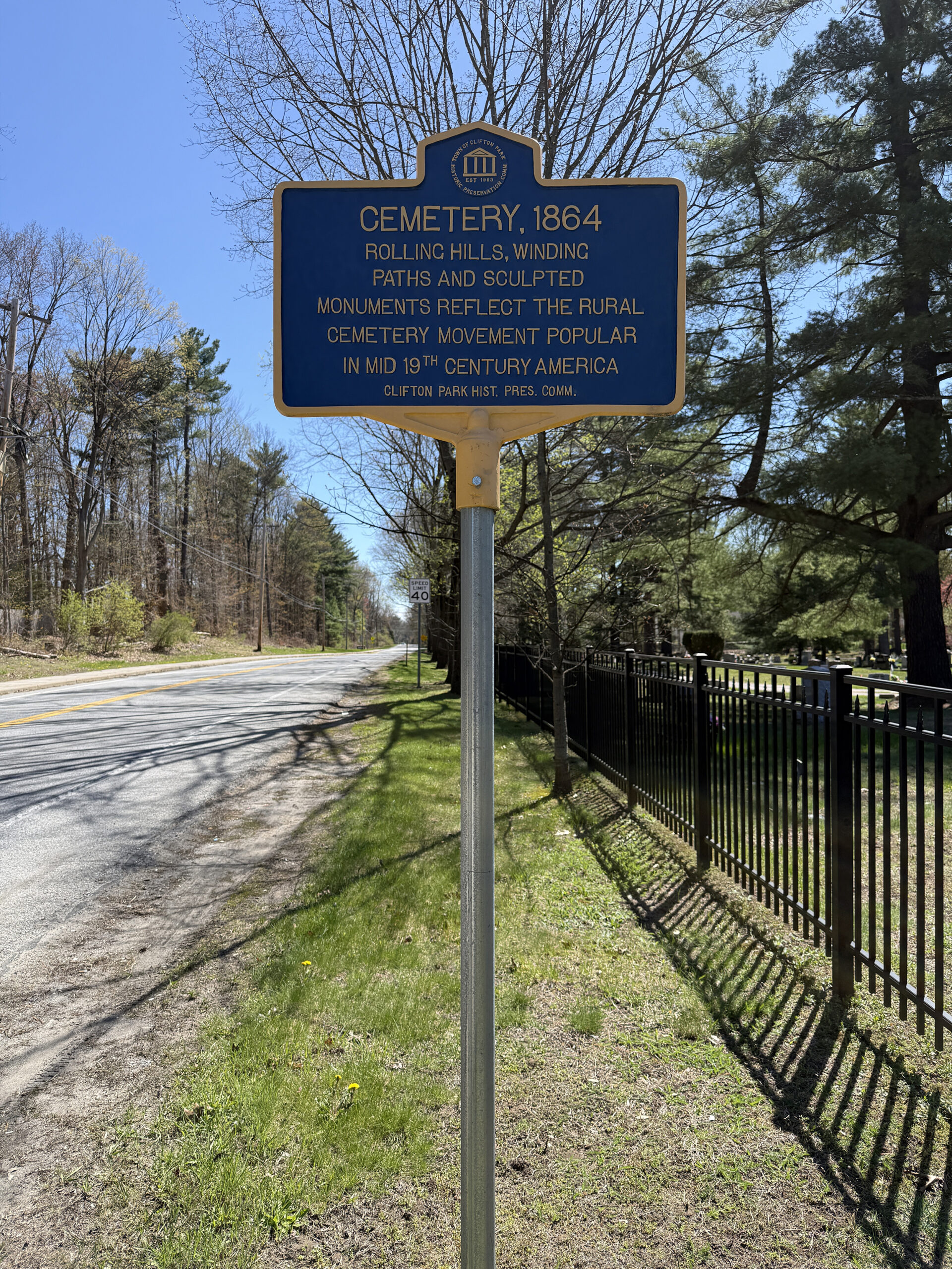 Historic marker for Jonesville Cemetery in Clifton Park New York describing the rural cemetery movement
