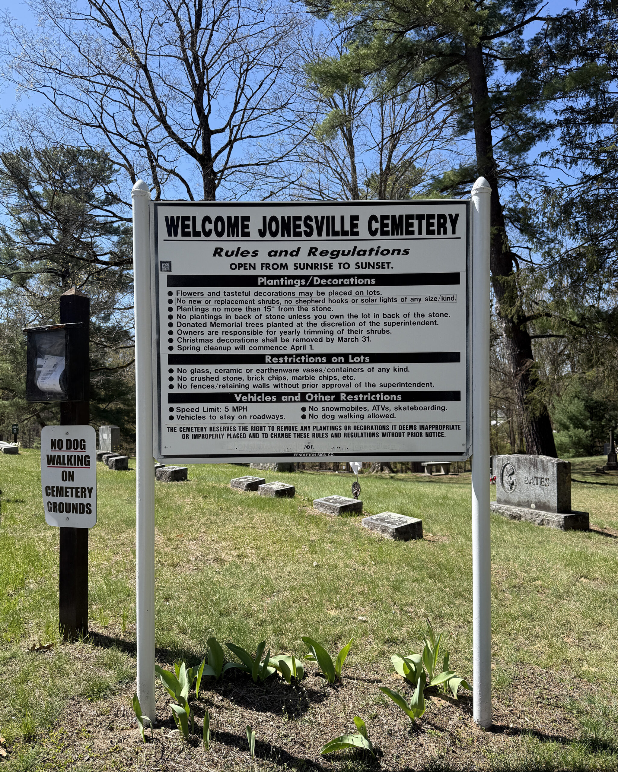 Jonesville Cemetery rules and regulations sign in Clifton Park New York with posted planting decoration and visitor rules