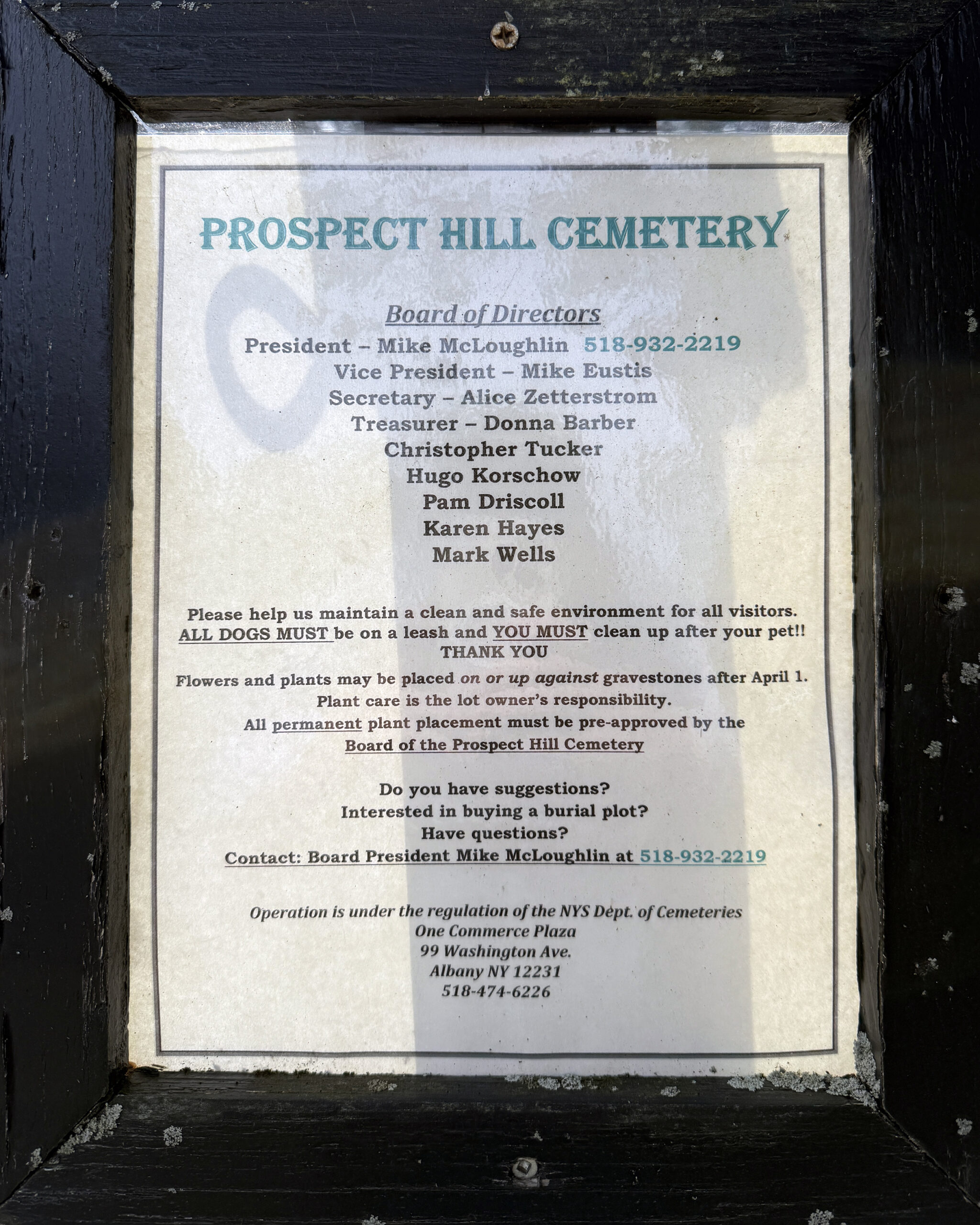 Prospect Hill Cemetery posted contact and rules sign in Schuylerville New York