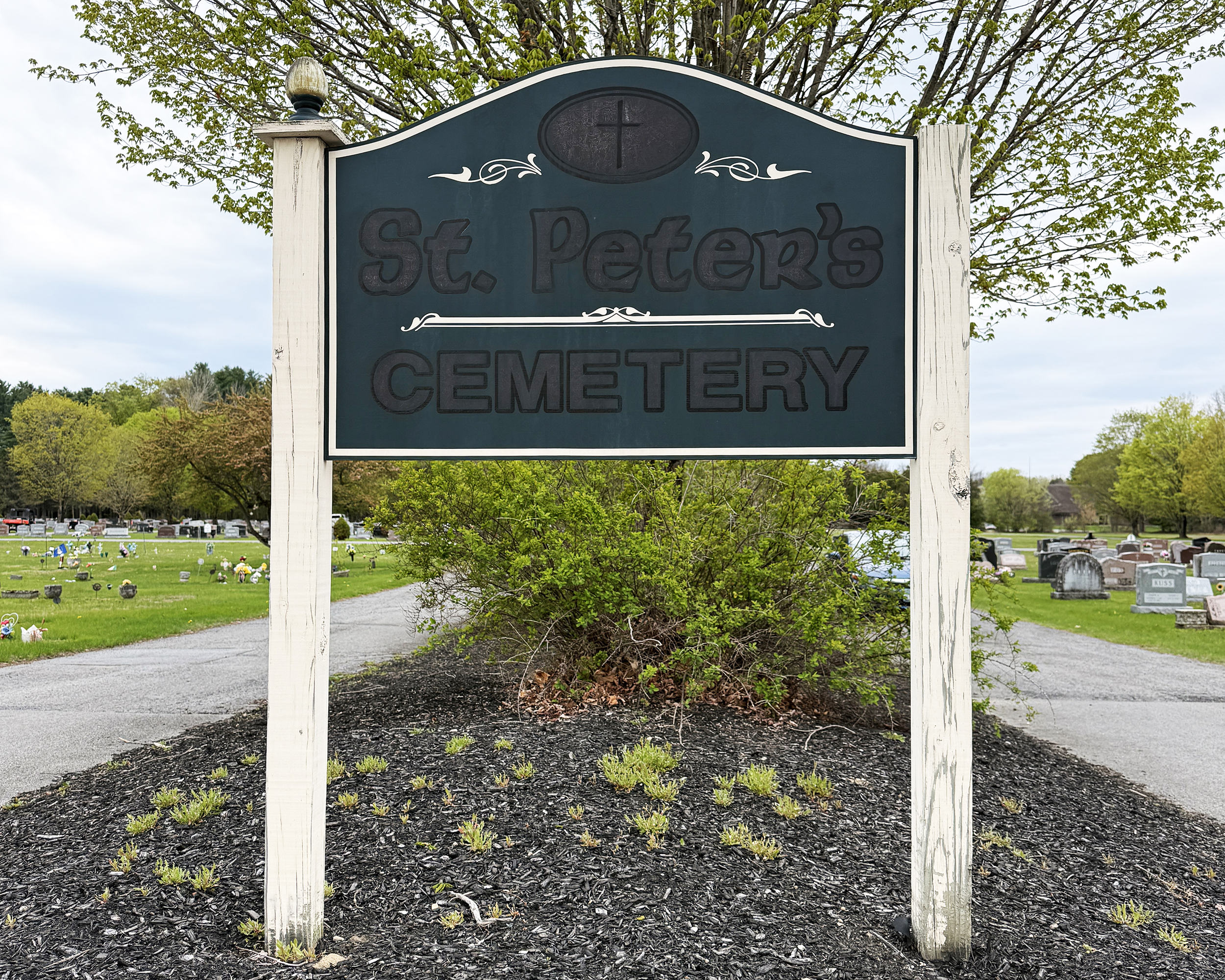 St. Peter’s Cemetery entrance sign in Saratoga Springs NY located on West Avenue.