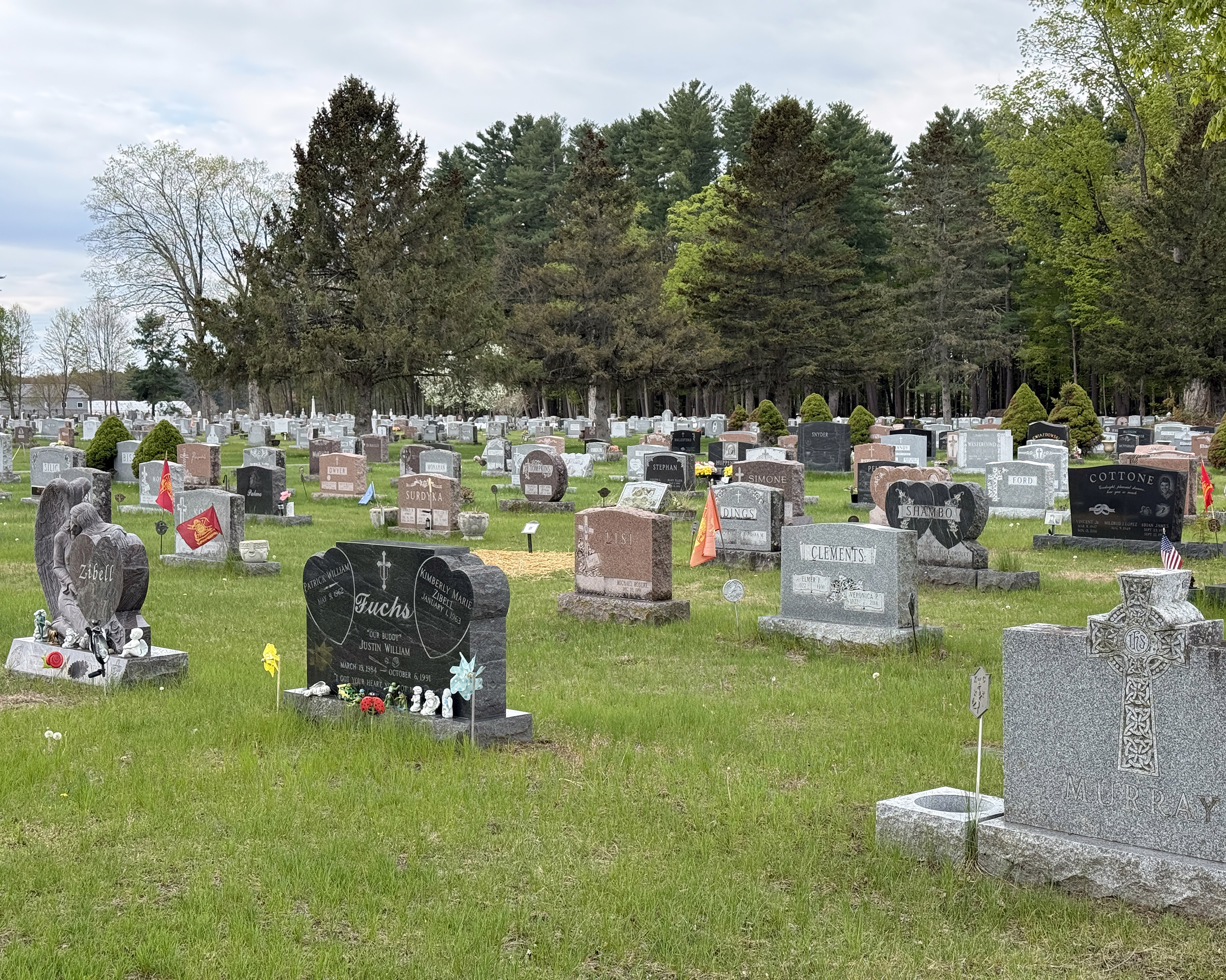 St. Peter’s Cemetery in Saratoga Springs NY showing rows of gravestones and mature trees across the cemetery grounds.
