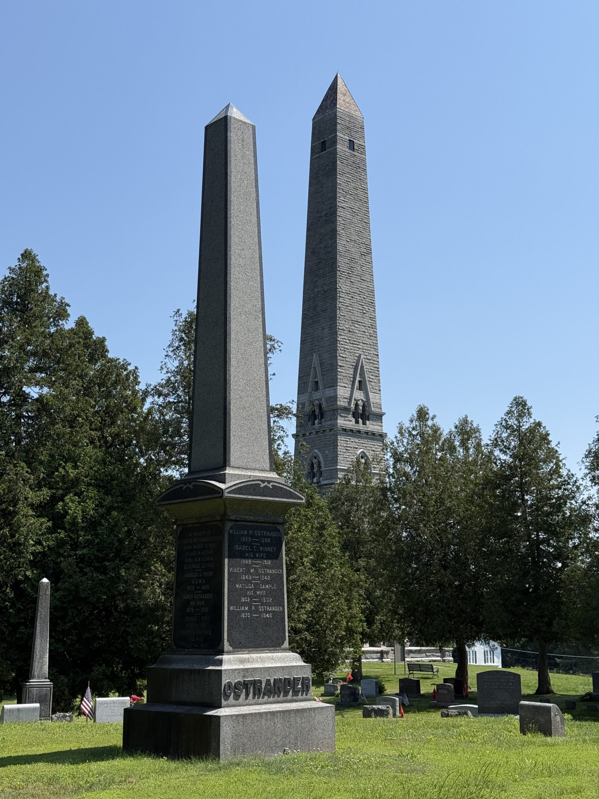 Historic obelisks at Prospect Hill Cemetery with Saratoga Monument in the background
