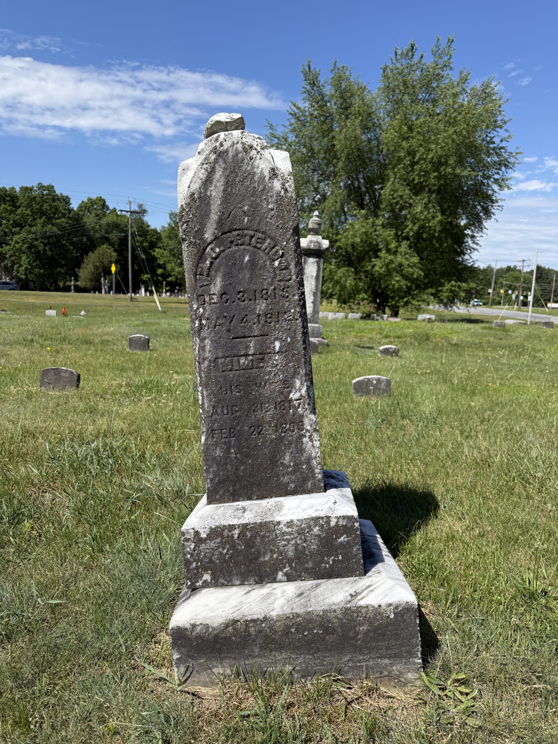 Leaning headstone at Gurn Spring Cemetery in Wilton New York requiring stabilization and cemetery preservation attention