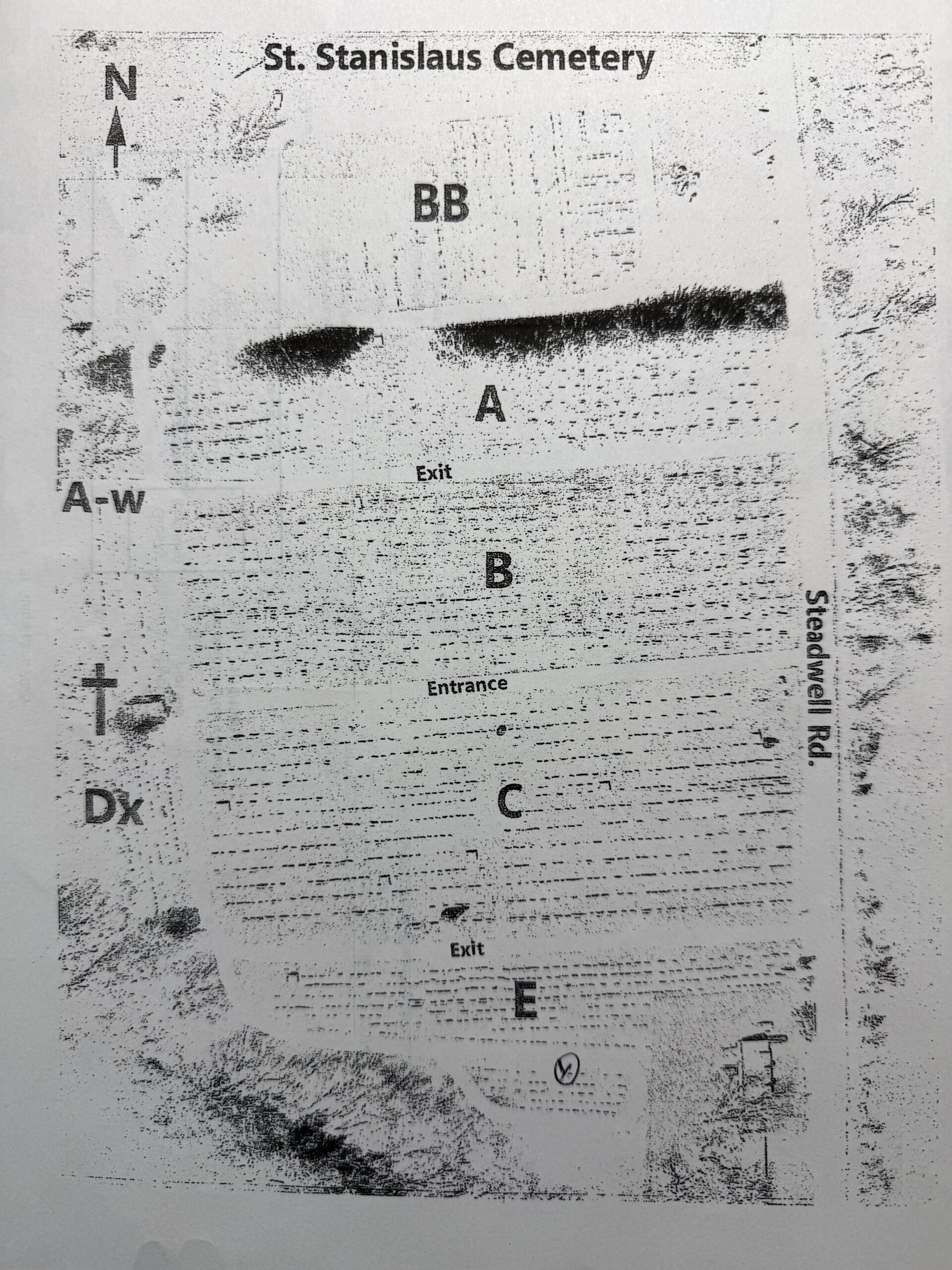 Map of St. Stanislaus Cemetery in Amsterdam New York showing cemetery sections
