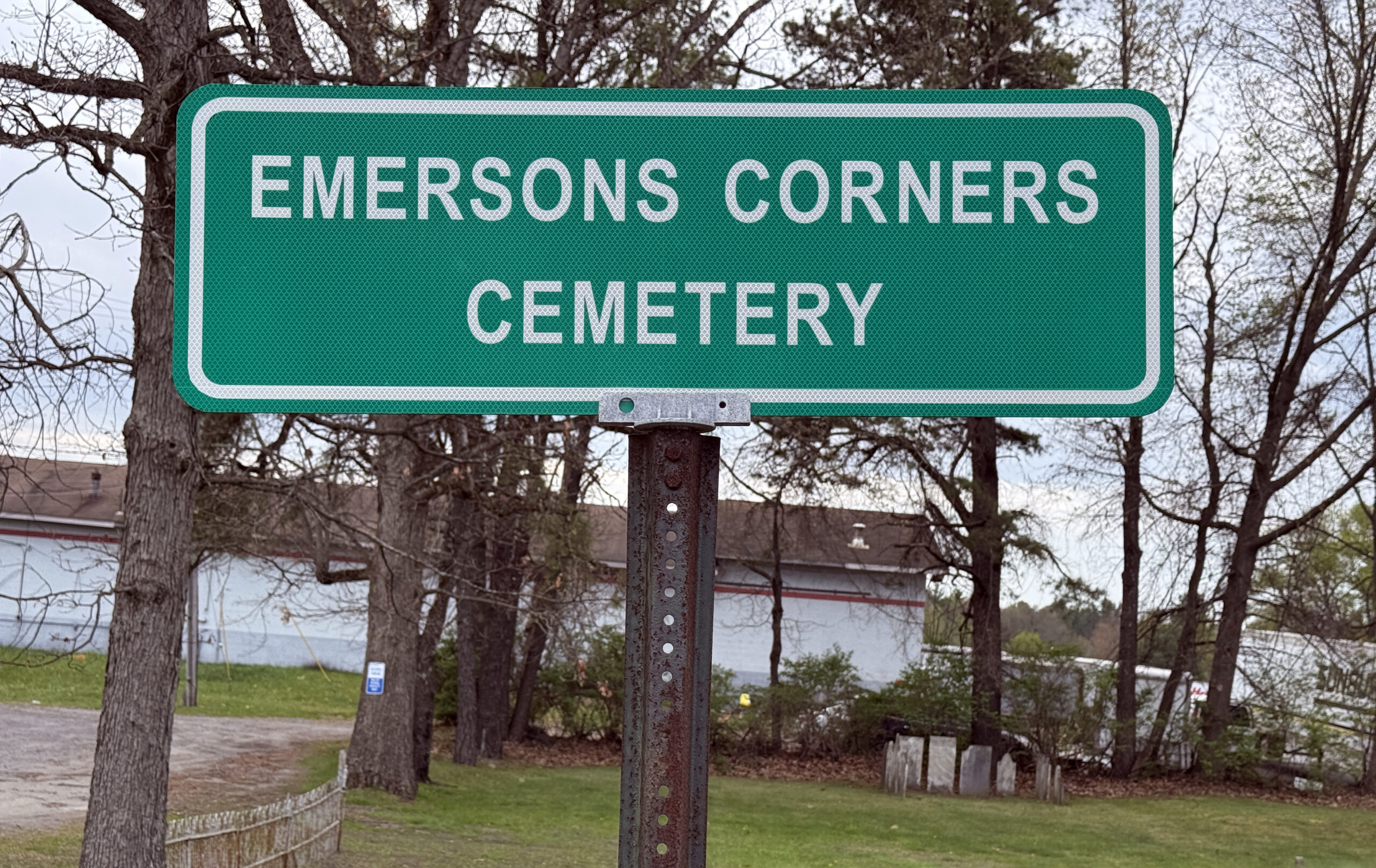 Emersons Corners Cemetery entrance sign in Wilton New York