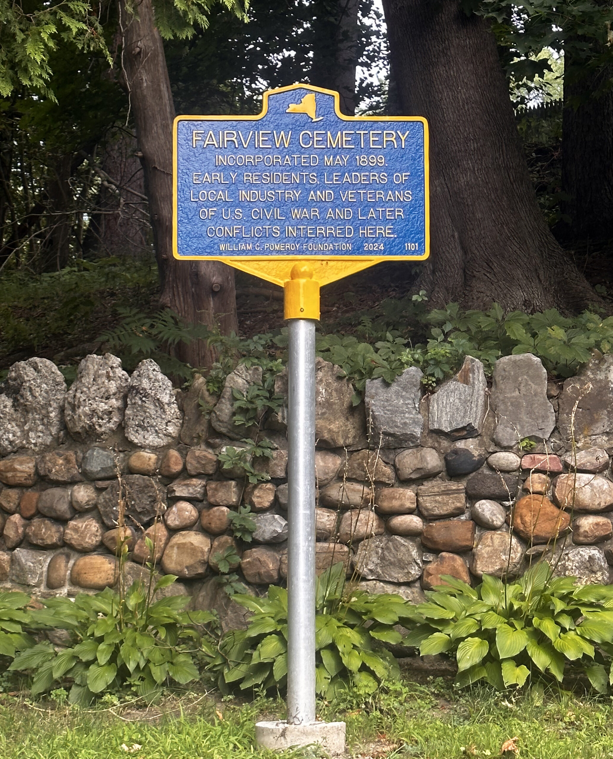 Fairview Cemetery historical marker in Amsterdam New York noting local industry leaders and veterans buried at the cemetery
