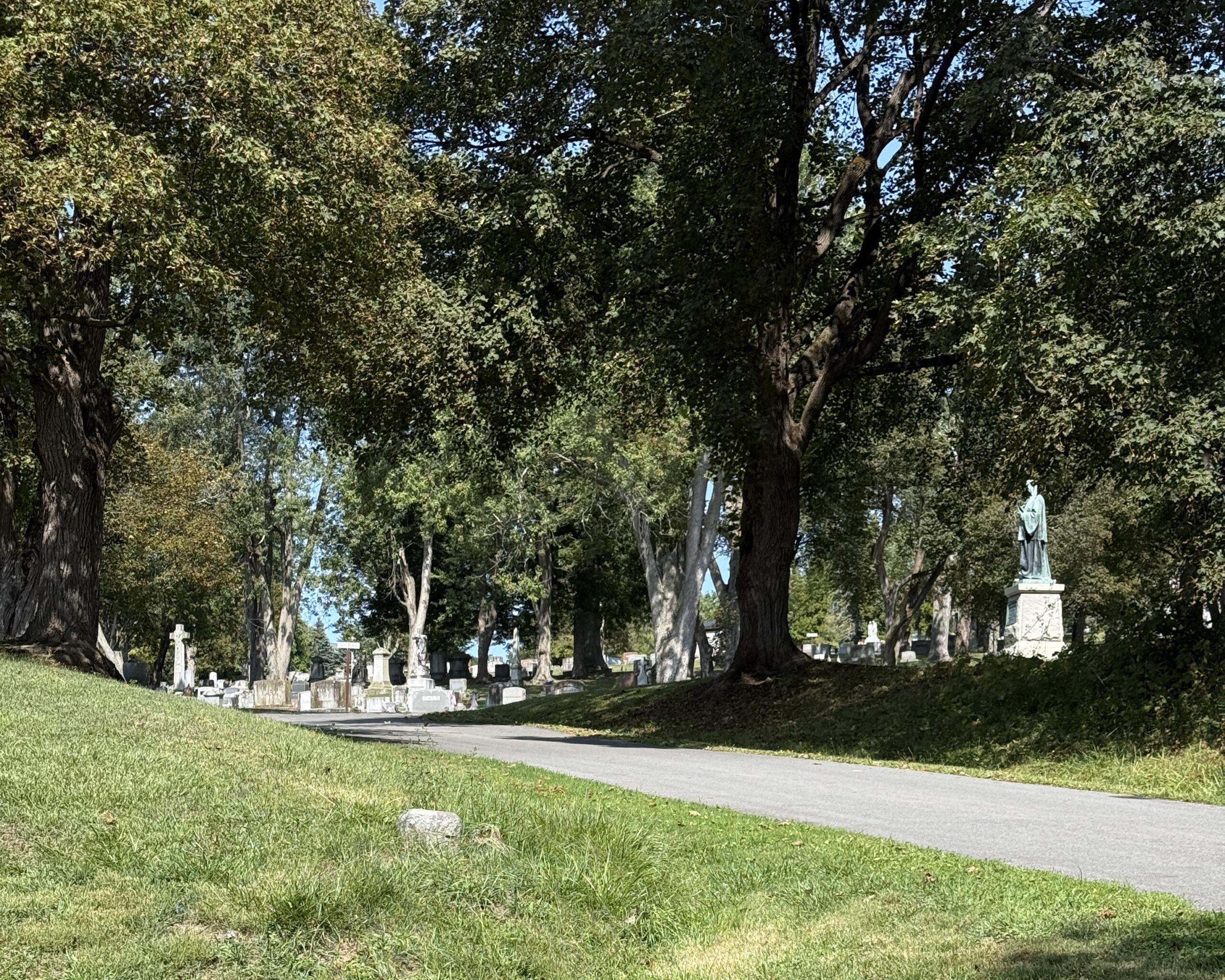Landscape view of Fairview Cemetery in Amsterdam New York with historic headstones and mature trees