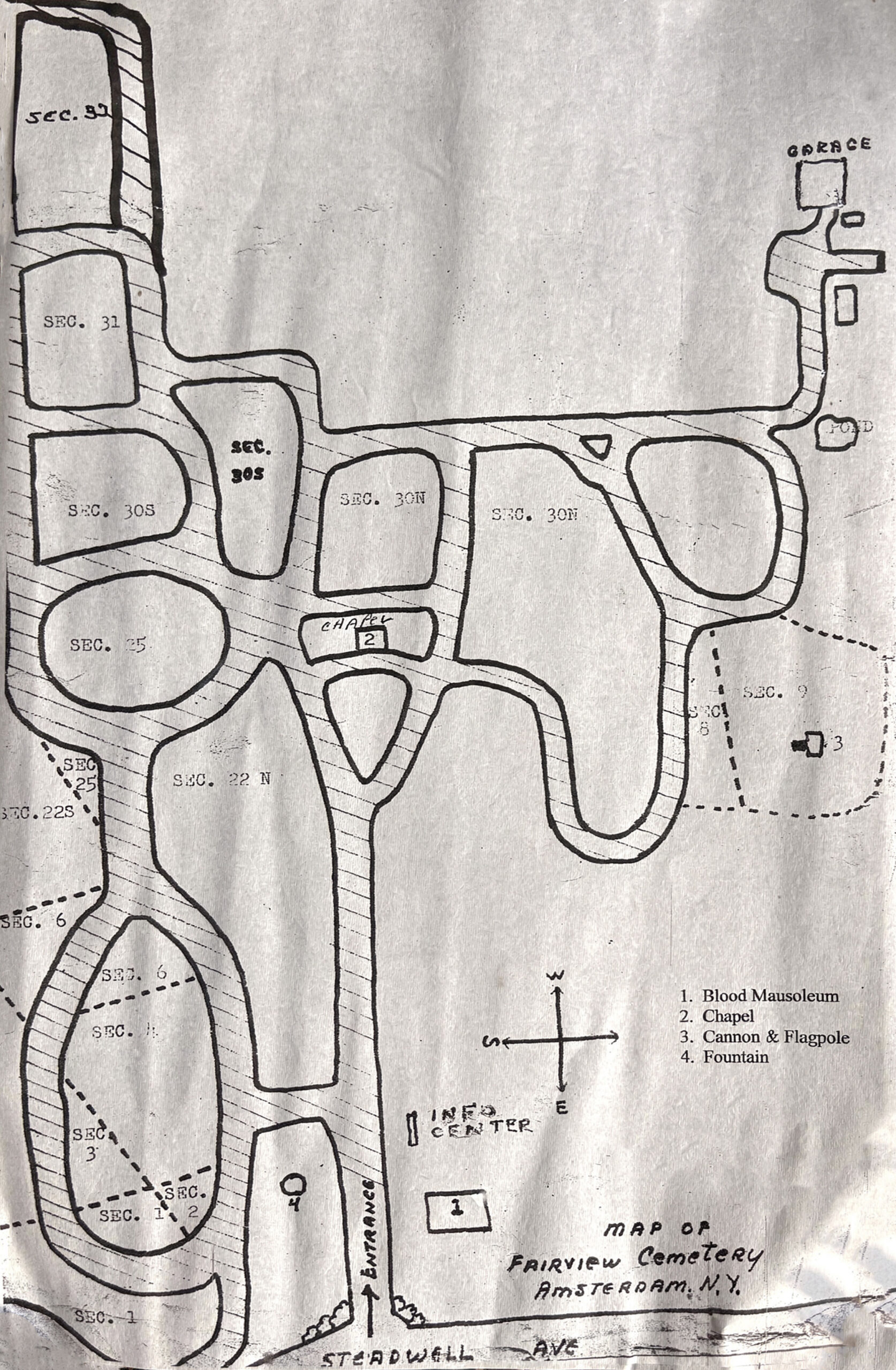 Fairview Cemetery plot map in Amsterdam New York showing cemetery sections and landmarks