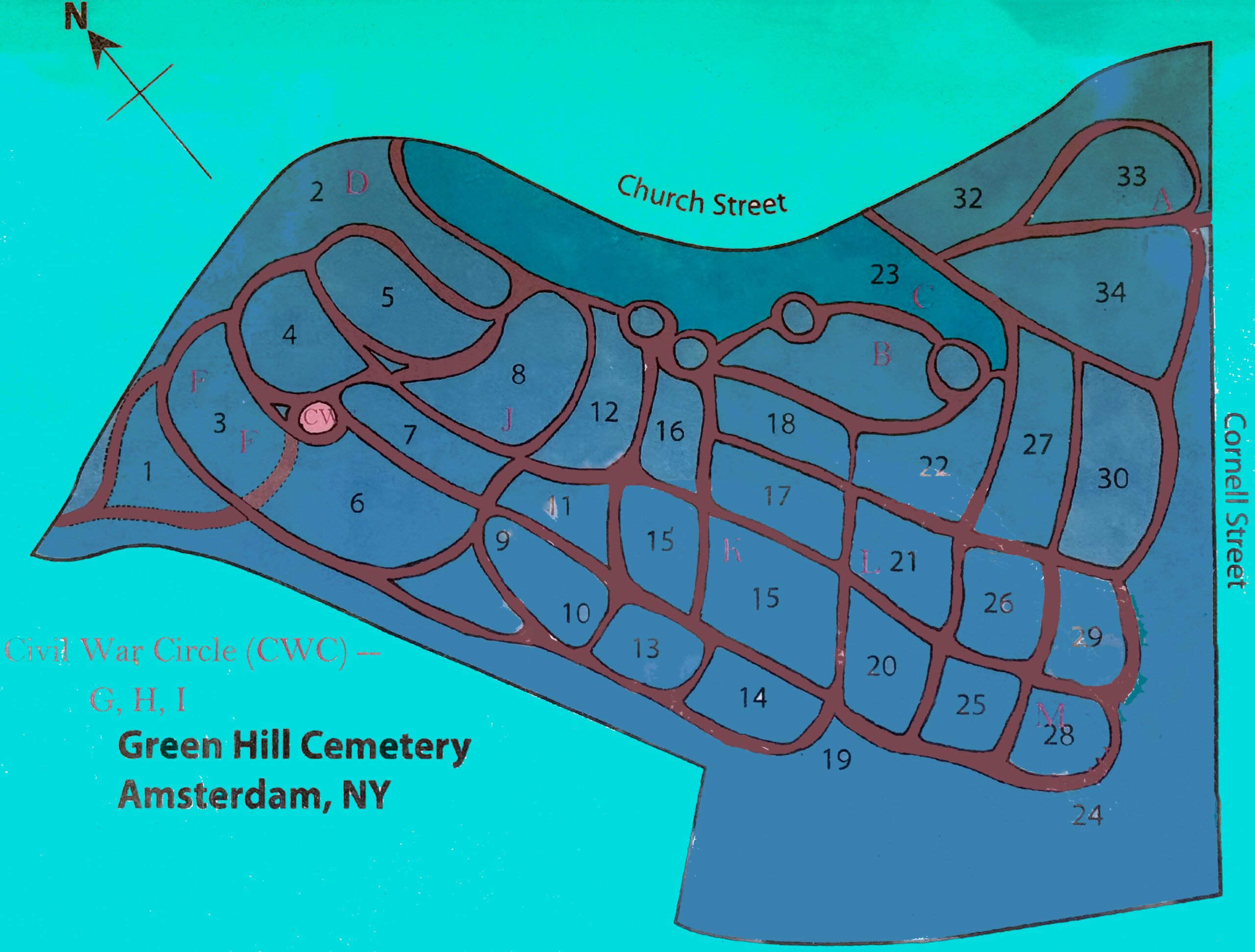 Green Hill Cemetery plot map showing cemetery sections and roadways in Amsterdam New York