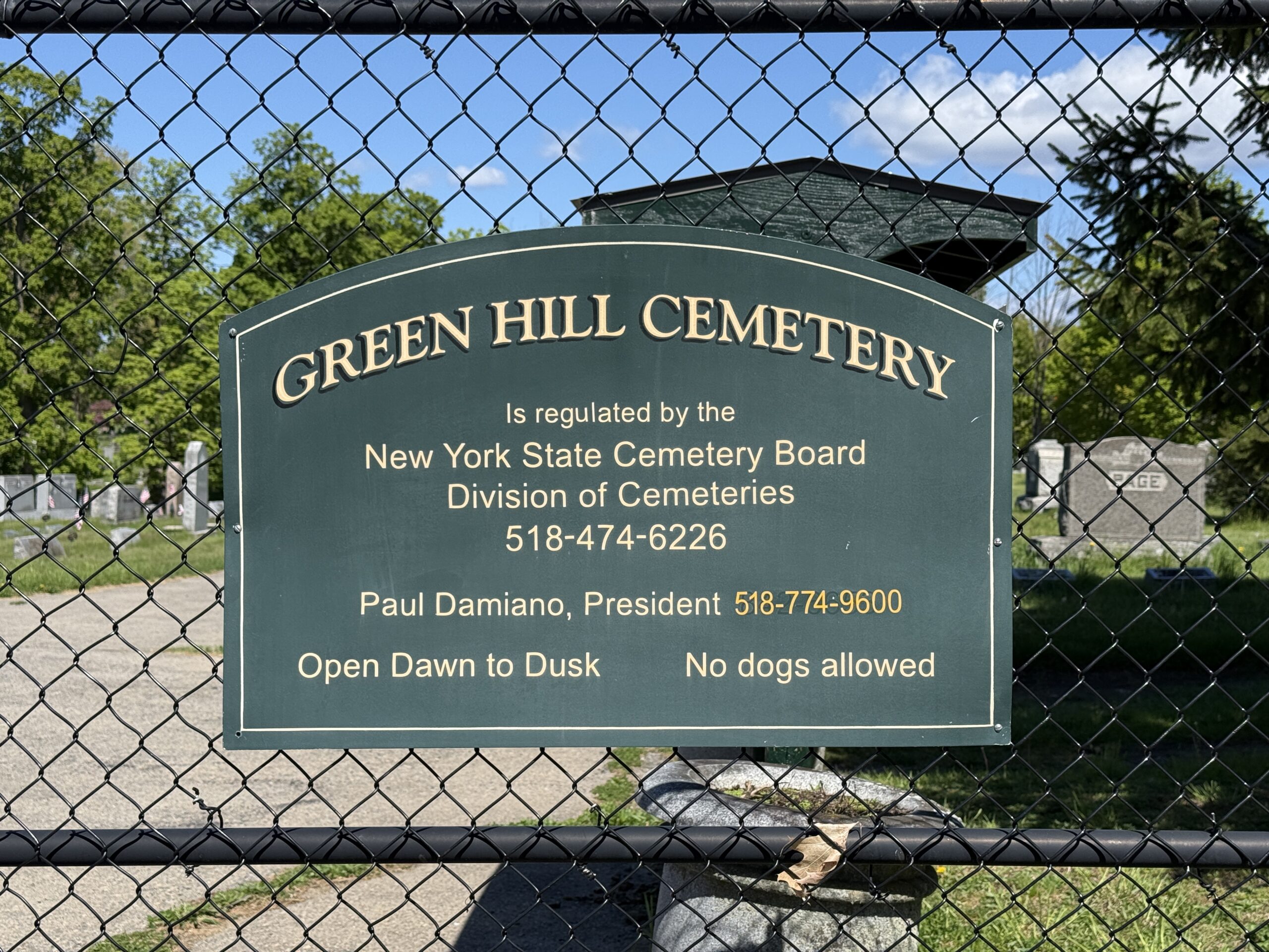 Green Hill Cemetery posted visitor information sign in Amsterdam New York