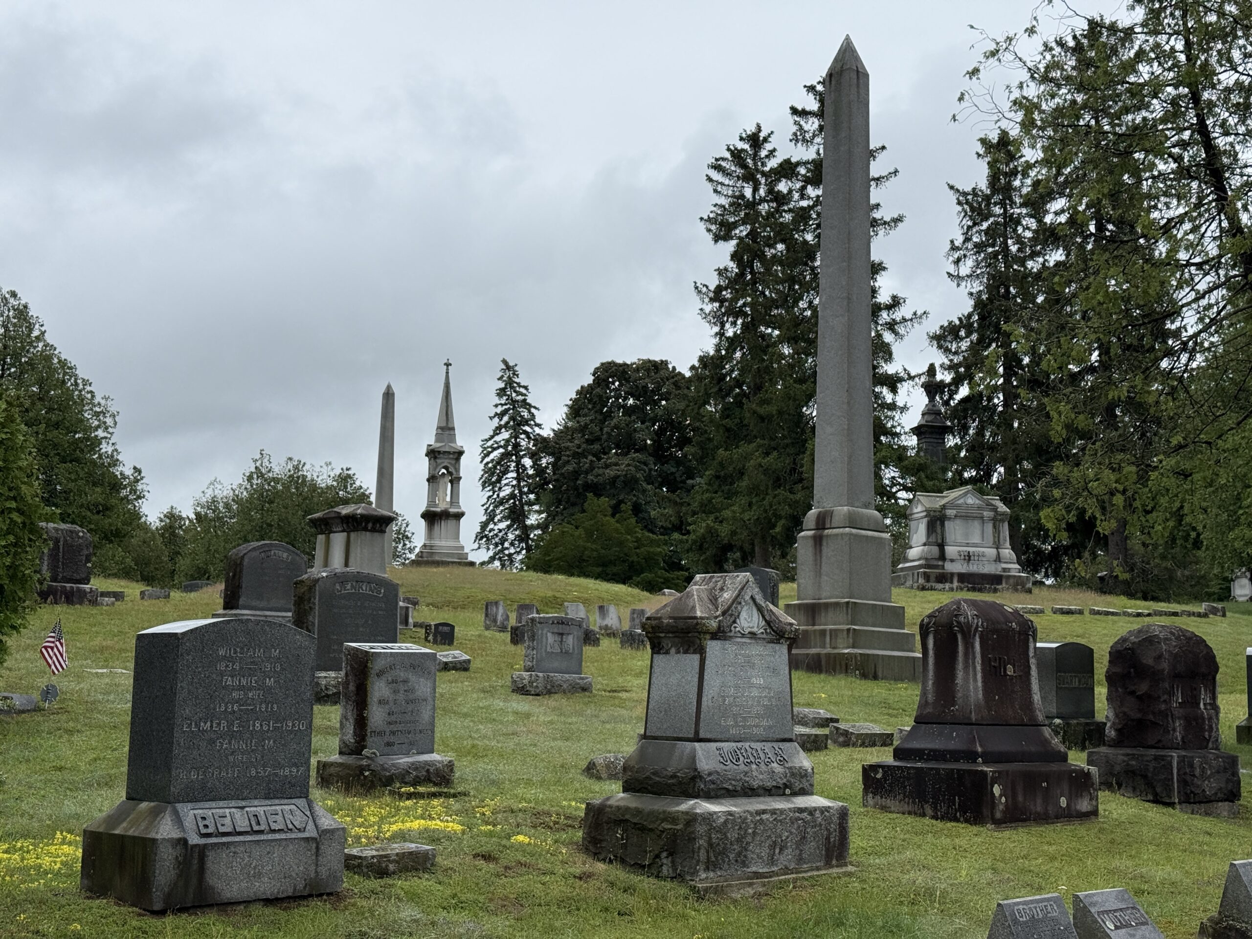 Historic monuments and family memorials at Greenridge Cemetery in Saratoga Springs New York