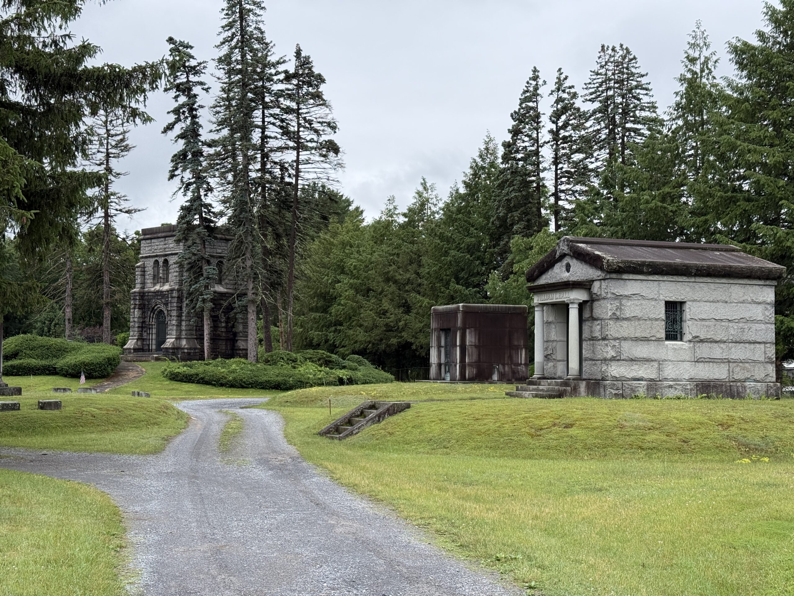 Mausoleums and historic cemetery architecture at Greenridge Cemetery in Saratoga Springs New York