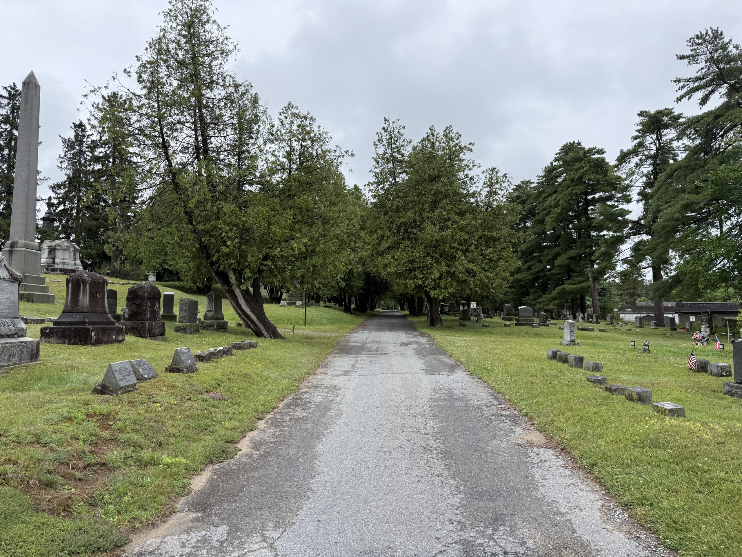 Cemetery roadway landscape at Greenridge Cemetery in Saratoga Springs New York