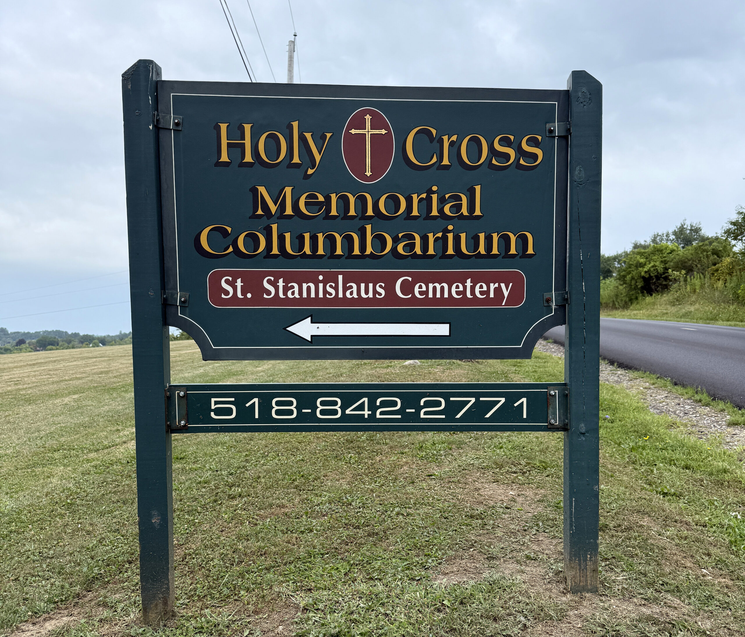 Holy Cross Memorial Columbarium sign at St. Stanislaus Cemetery in Amsterdam New York