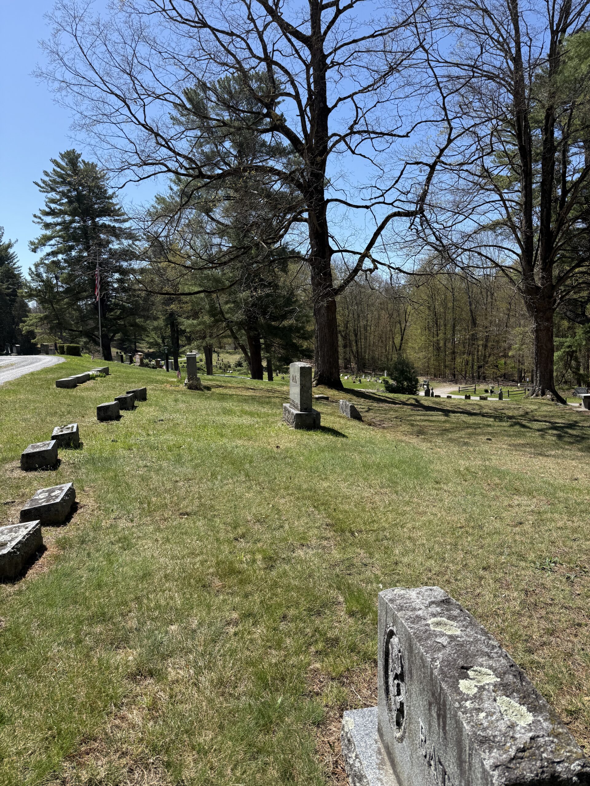 Hillside headstones at Jonesville Cemetery in Clifton Park New York with mature trees and historic cemetery terrain