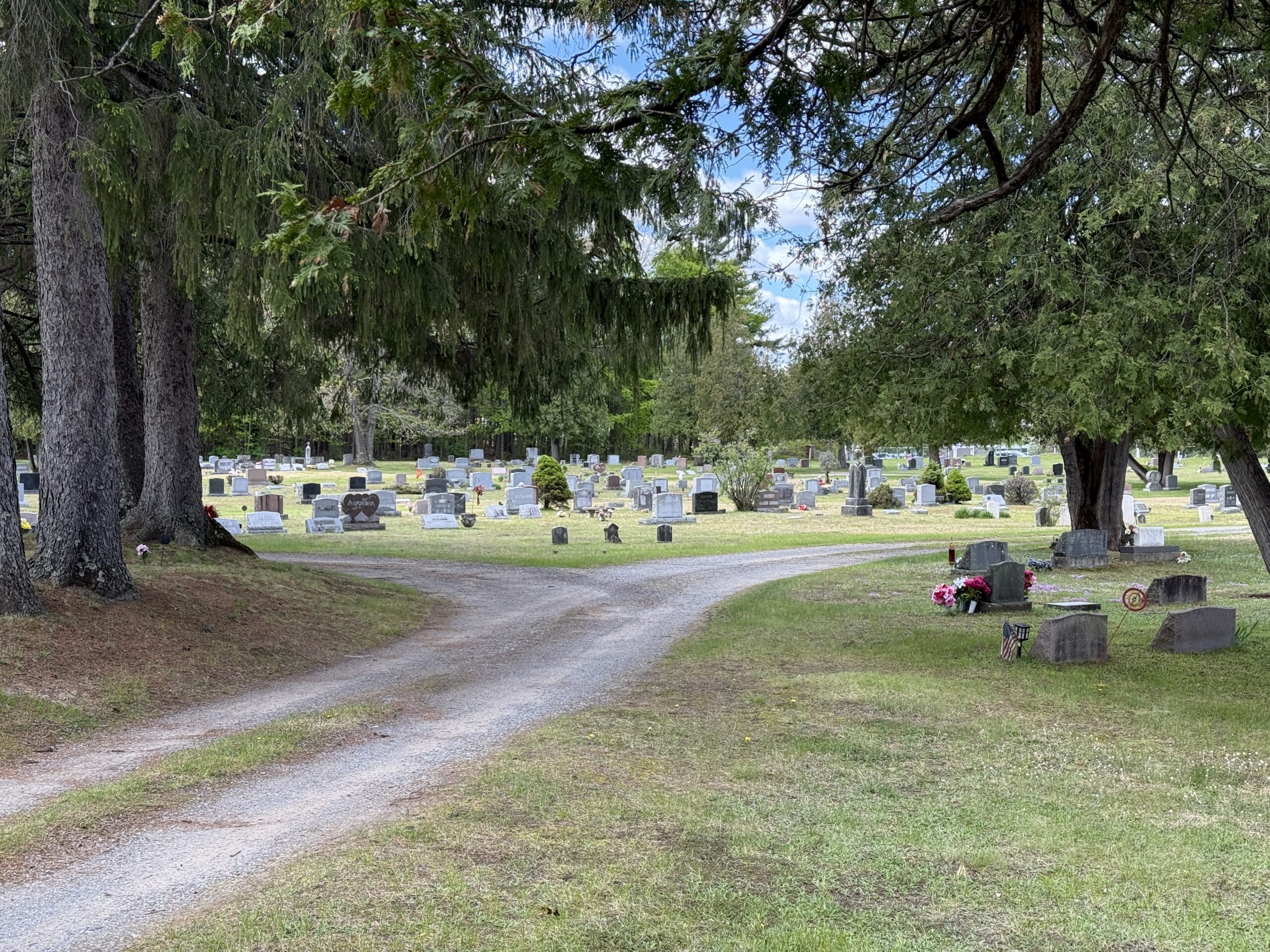 Roadway and cemetery landscape at Maplewood Cemetery in Saratoga Springs New York