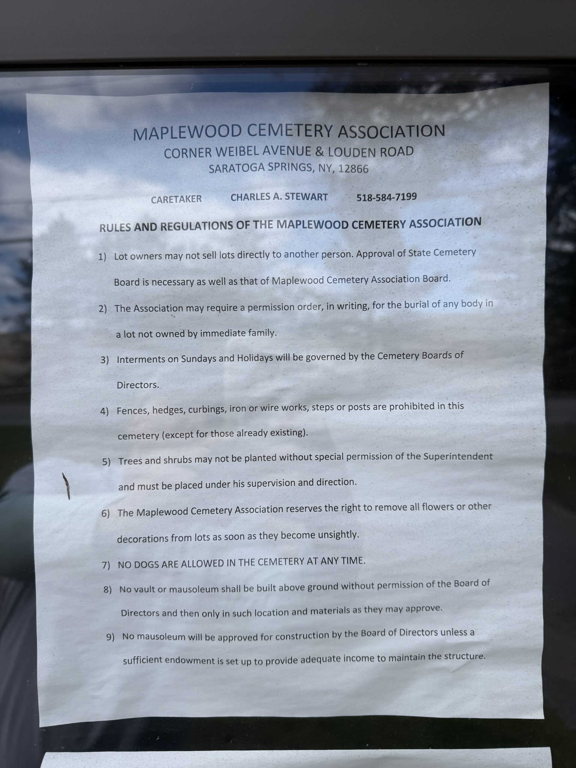 Maplewood Cemetery rules and regulations page one in Saratoga Springs New York