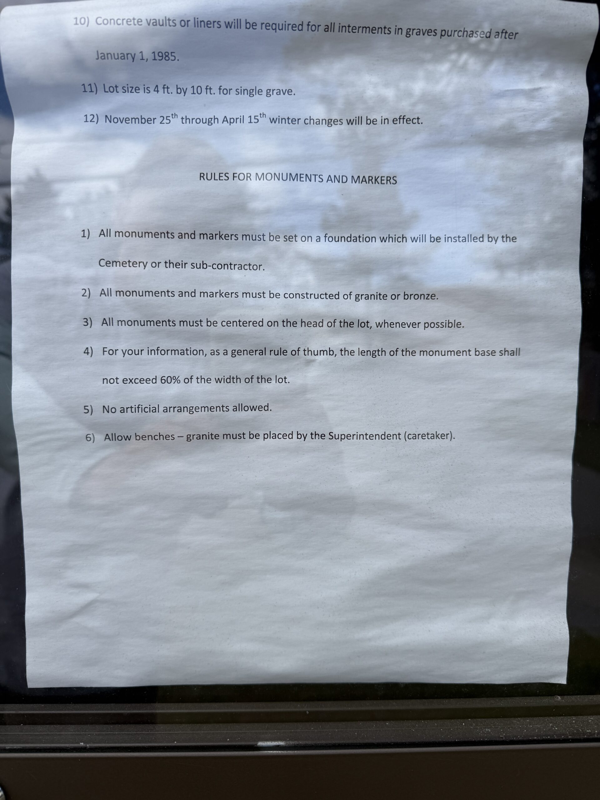 Maplewood Cemetery monument and marker rules page two in Saratoga Springs New York