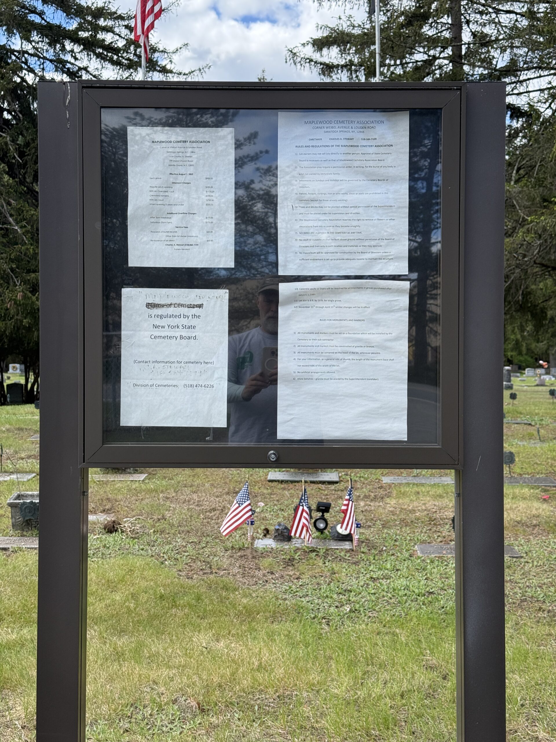 Rules and information board at Maplewood Cemetery in Saratoga Springs New York